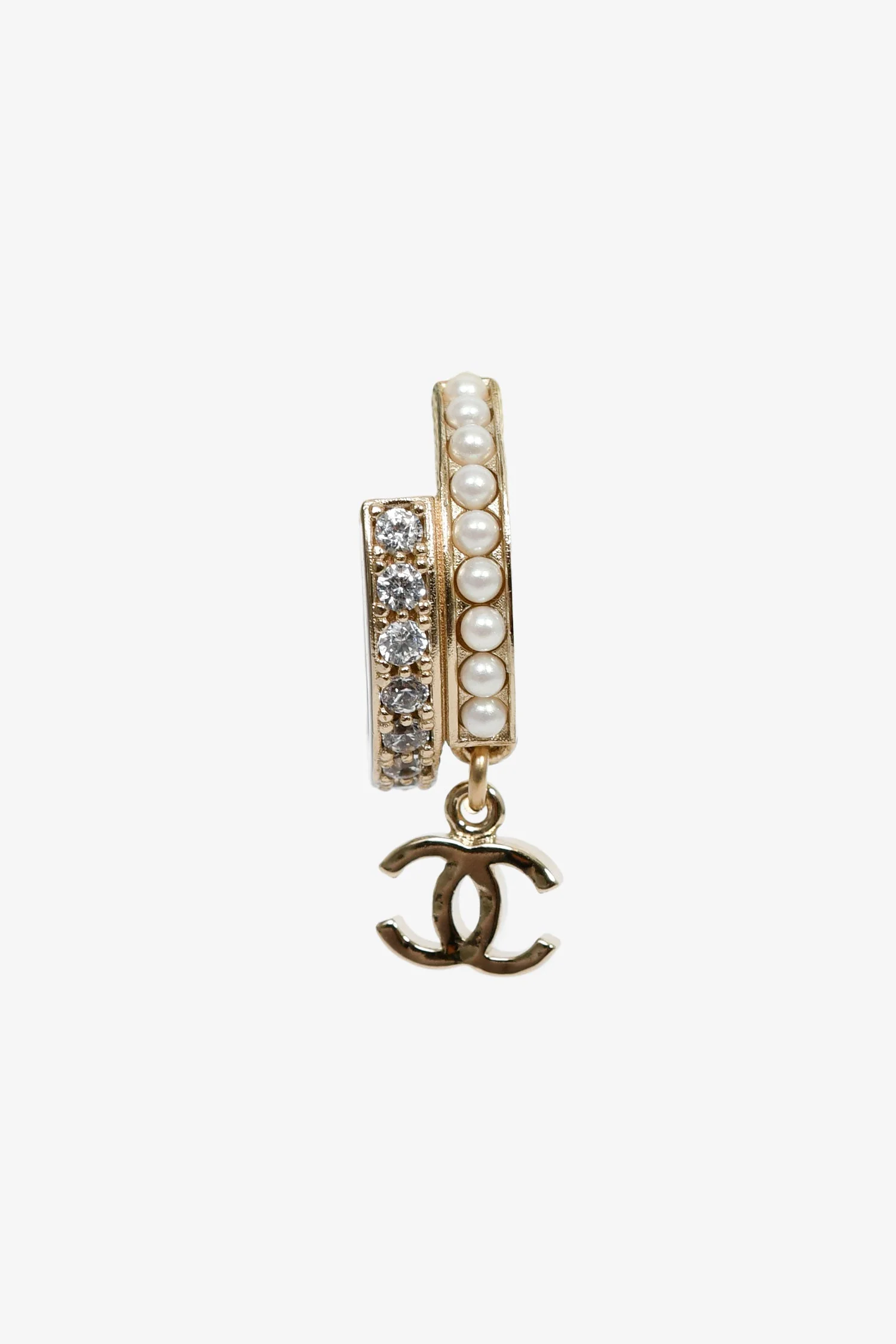 Chanel™ 2022 Champagne Gold Toned Faux Pearl CC Hoops - Image 2