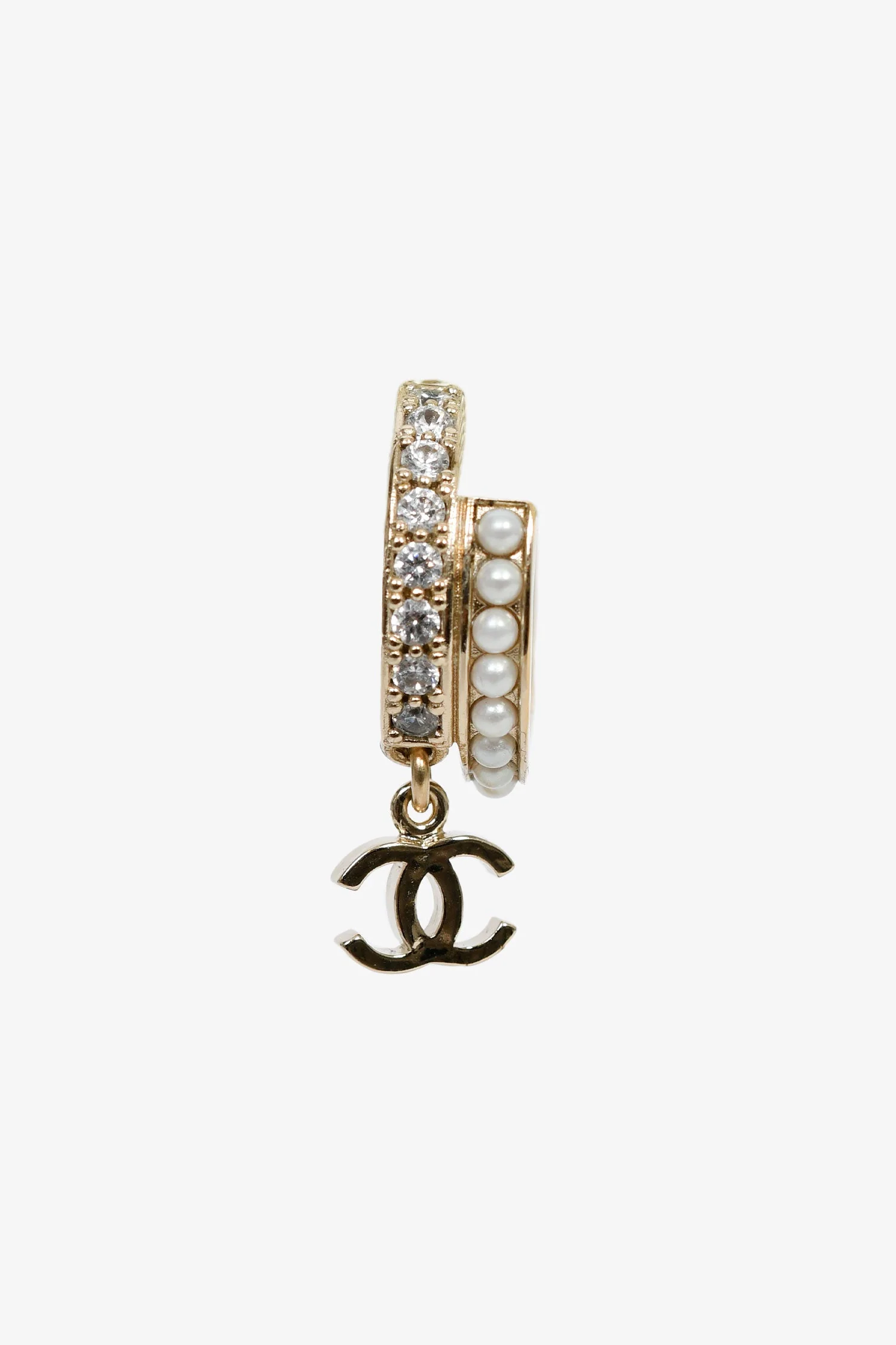 Chanel™ 2022 Champagne Gold Toned Faux Pearl CC Hoops - Image 3