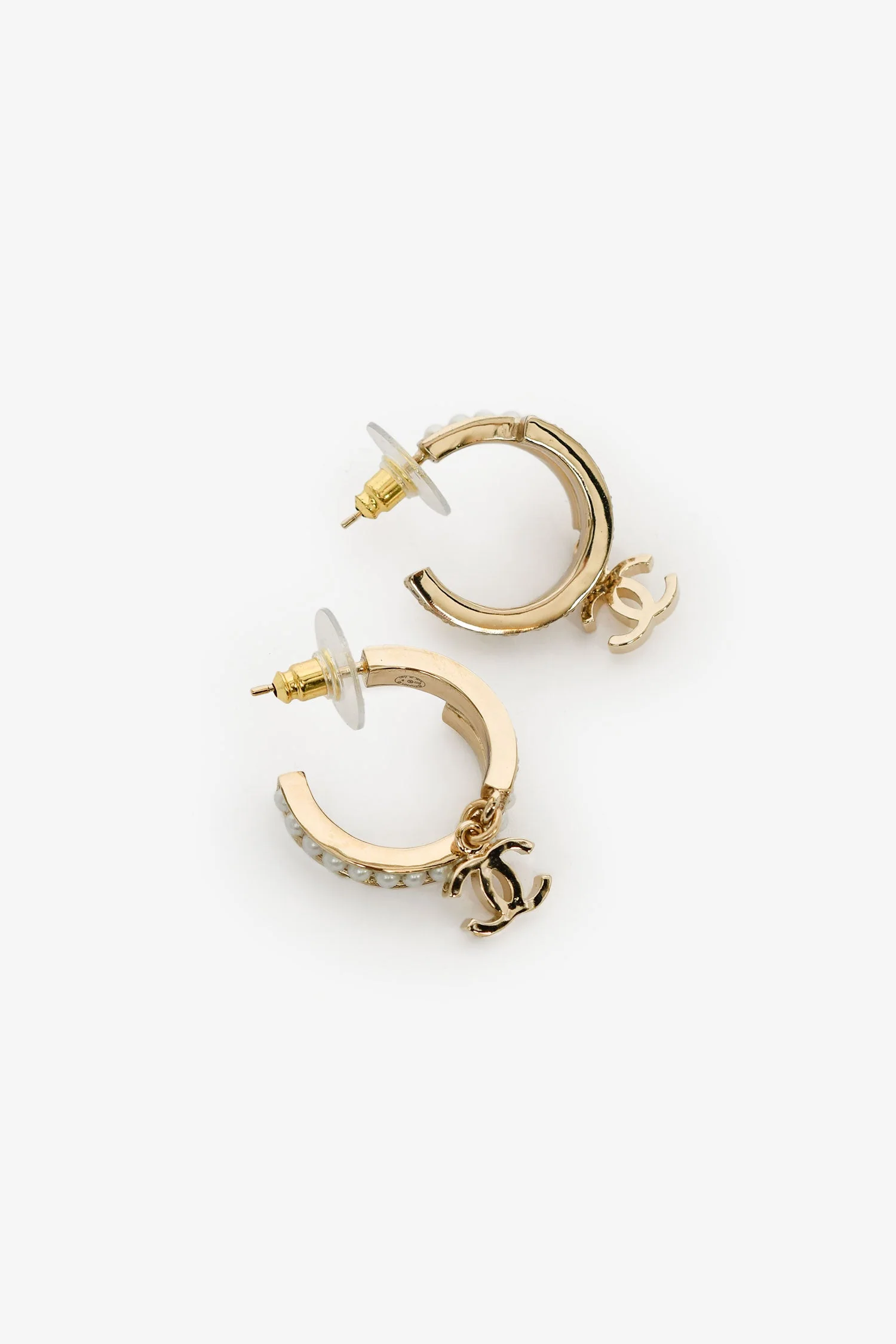 Chanel™ 2022 Champagne Gold Toned Faux Pearl CC Hoops - Image 4
