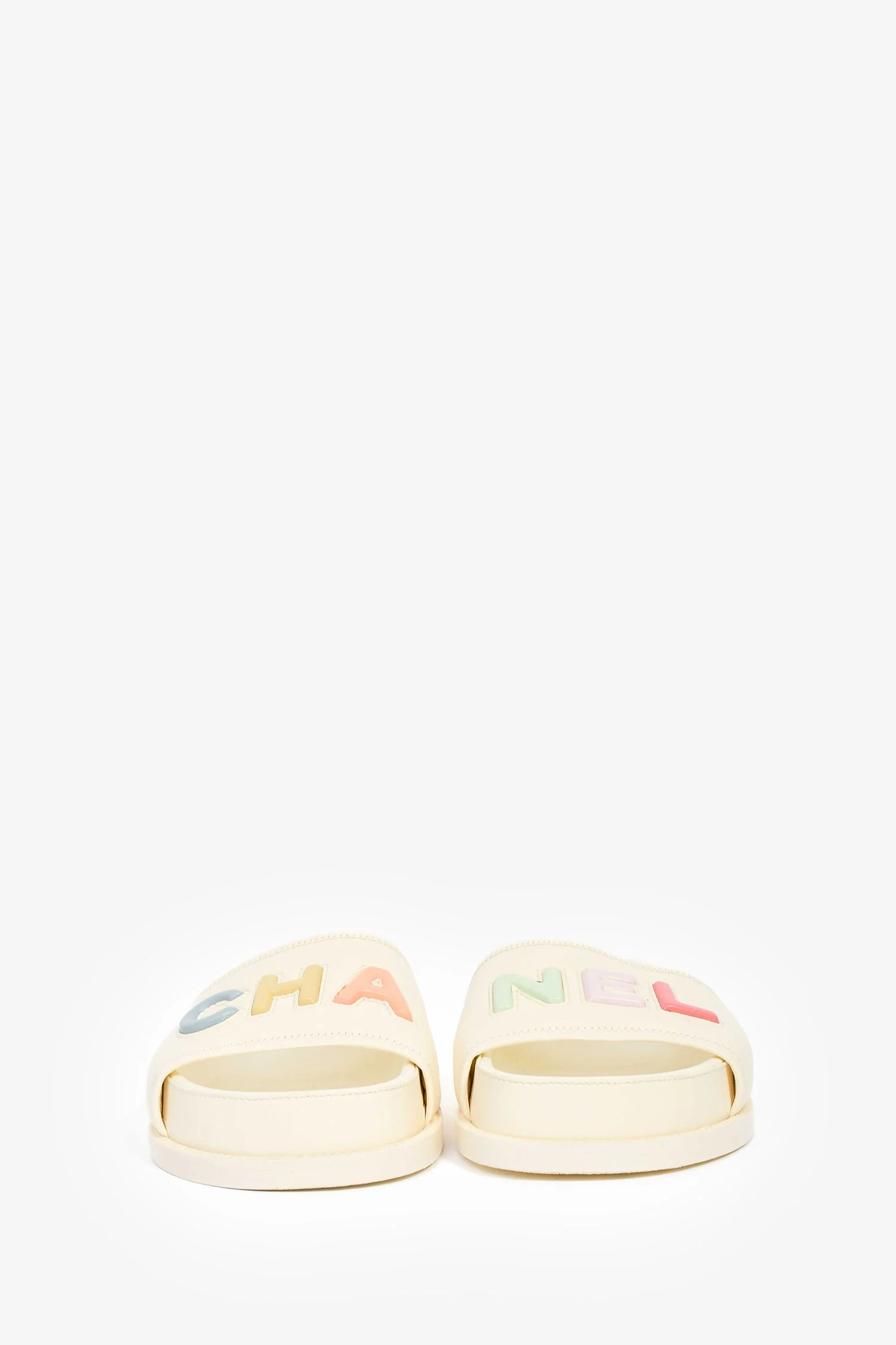 Pre-Loved Chanel™ 2022 Cream Leather Pastel 'CHANEL' Slides Size 38 - Image 3