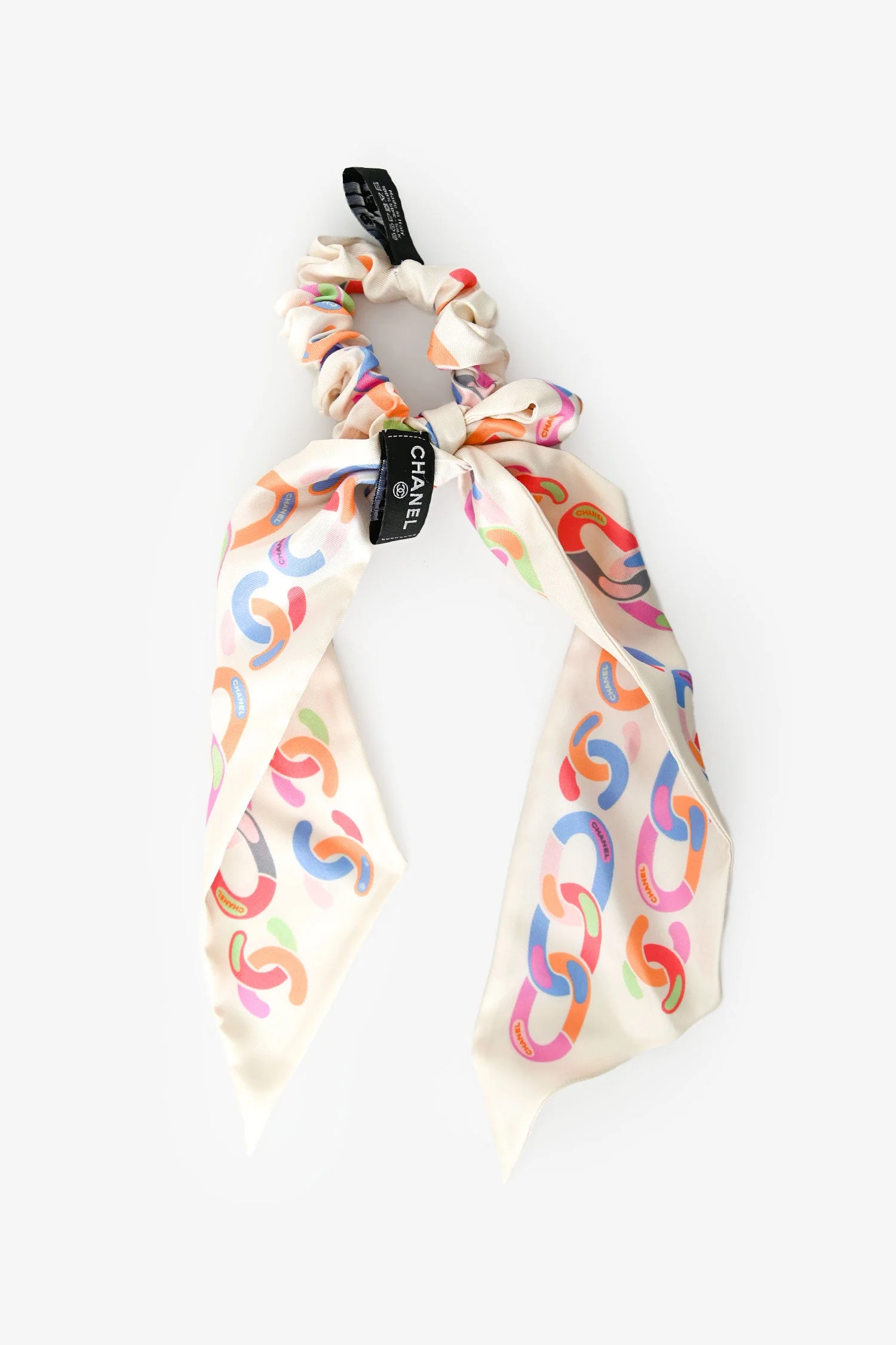 Pre-Loved Chanel™ 2022 Cream/ Multicolour Silk Bow Hair Tie - Image 2