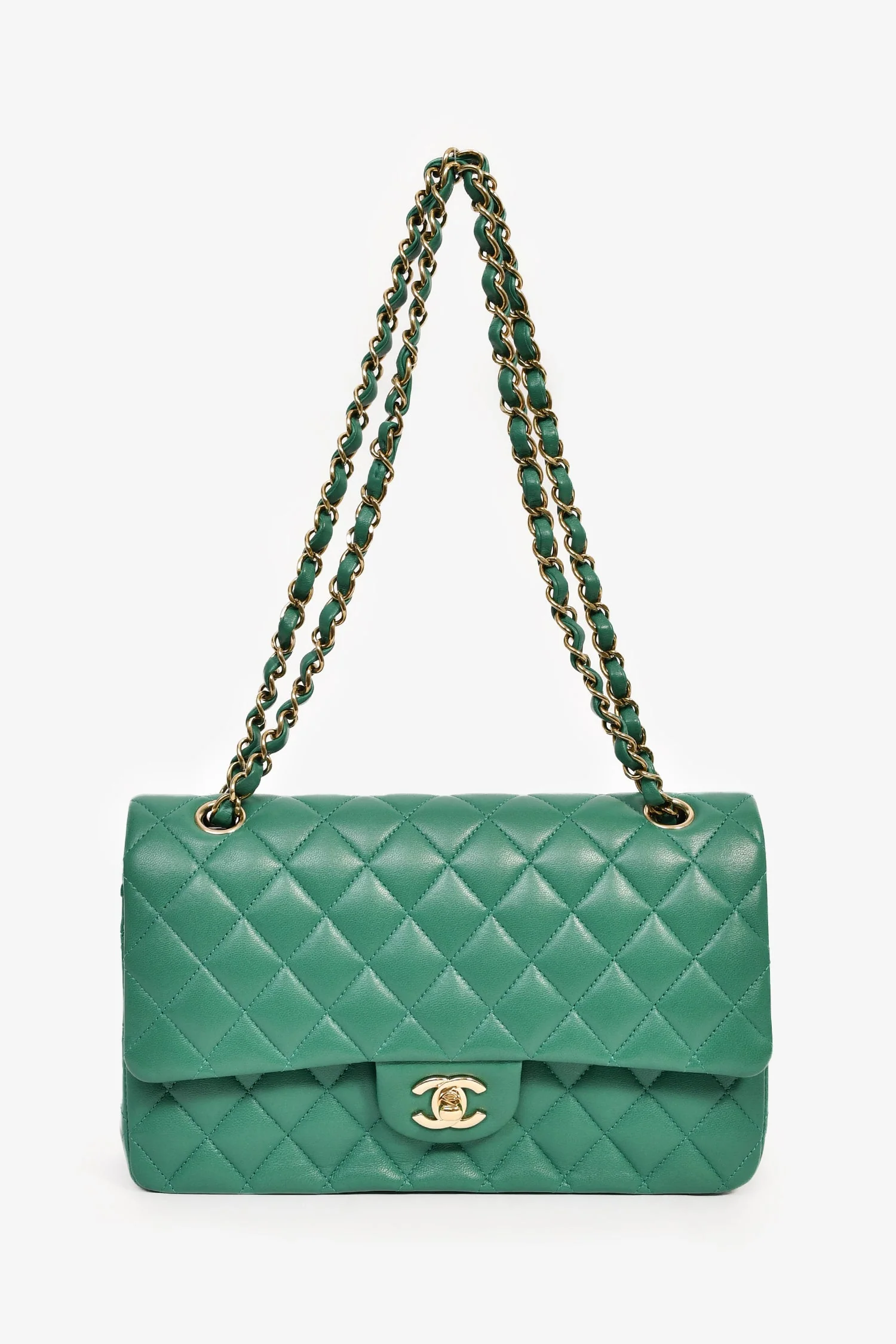 Pre-Loved Chanel™ 2022 Dark Green Lambskin Medium Classic Double Flap Shoulder Bag - Image 7