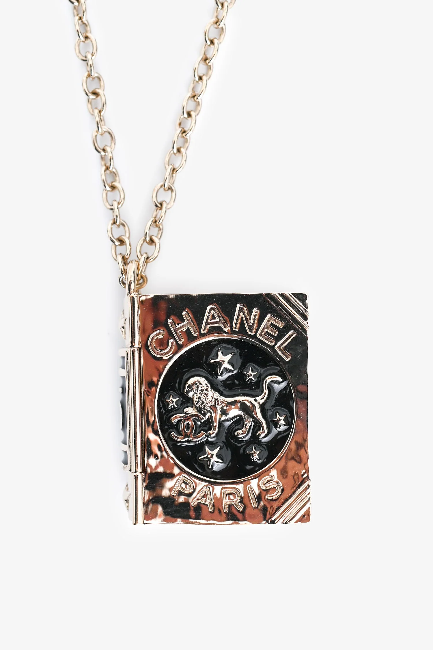 Pre-Loved Chanel™ 2022 Enamel Lion Book Locket Pendant Necklace - Image 2