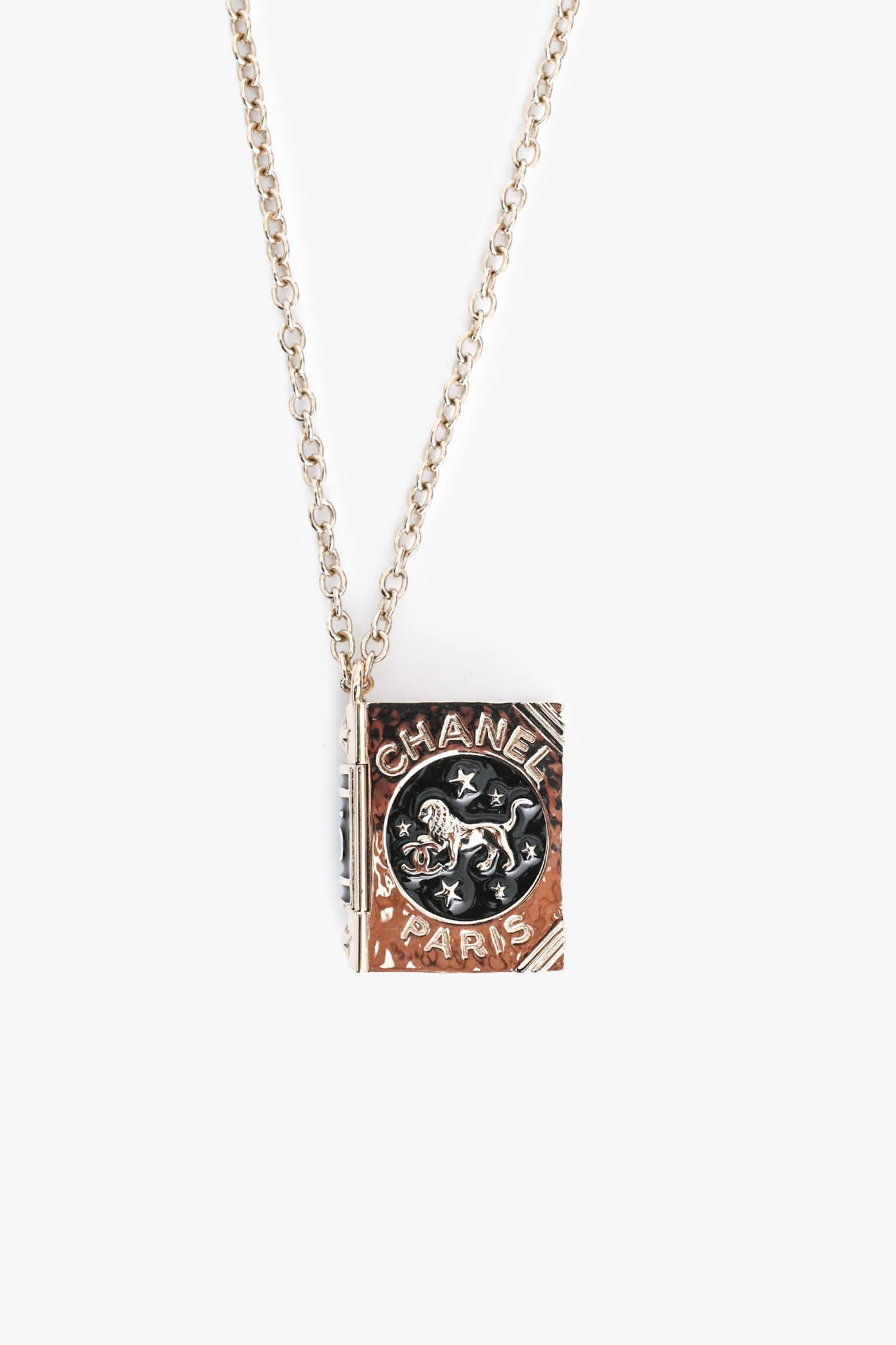 Pre-Loved Chanel™ 2022 Enamel Lion Book Locket Pendant Necklace - Image 3