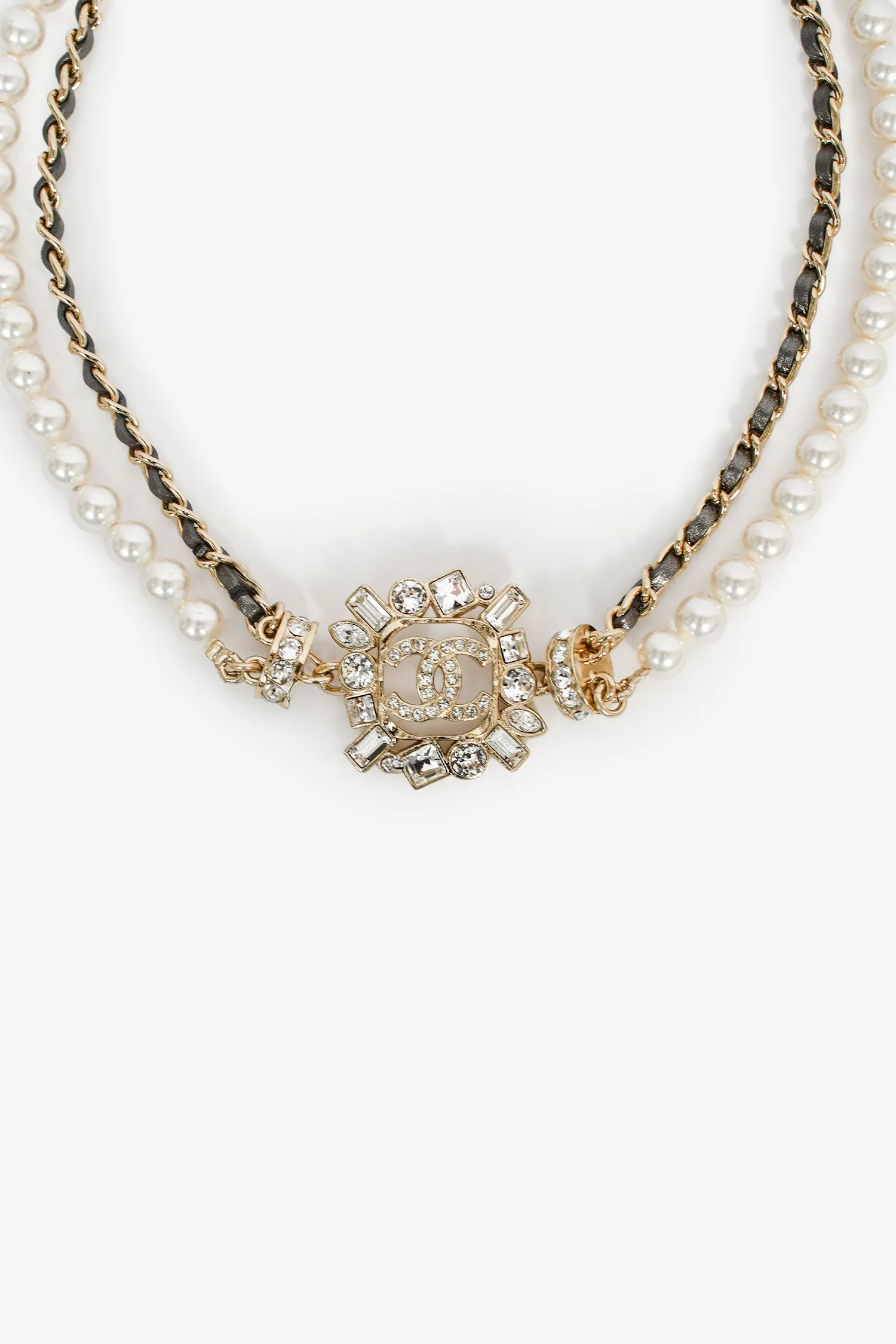 Chanel™ 2023 Gold Toned Faux Pearl Double Chain CC Crystal Choker - Image 2