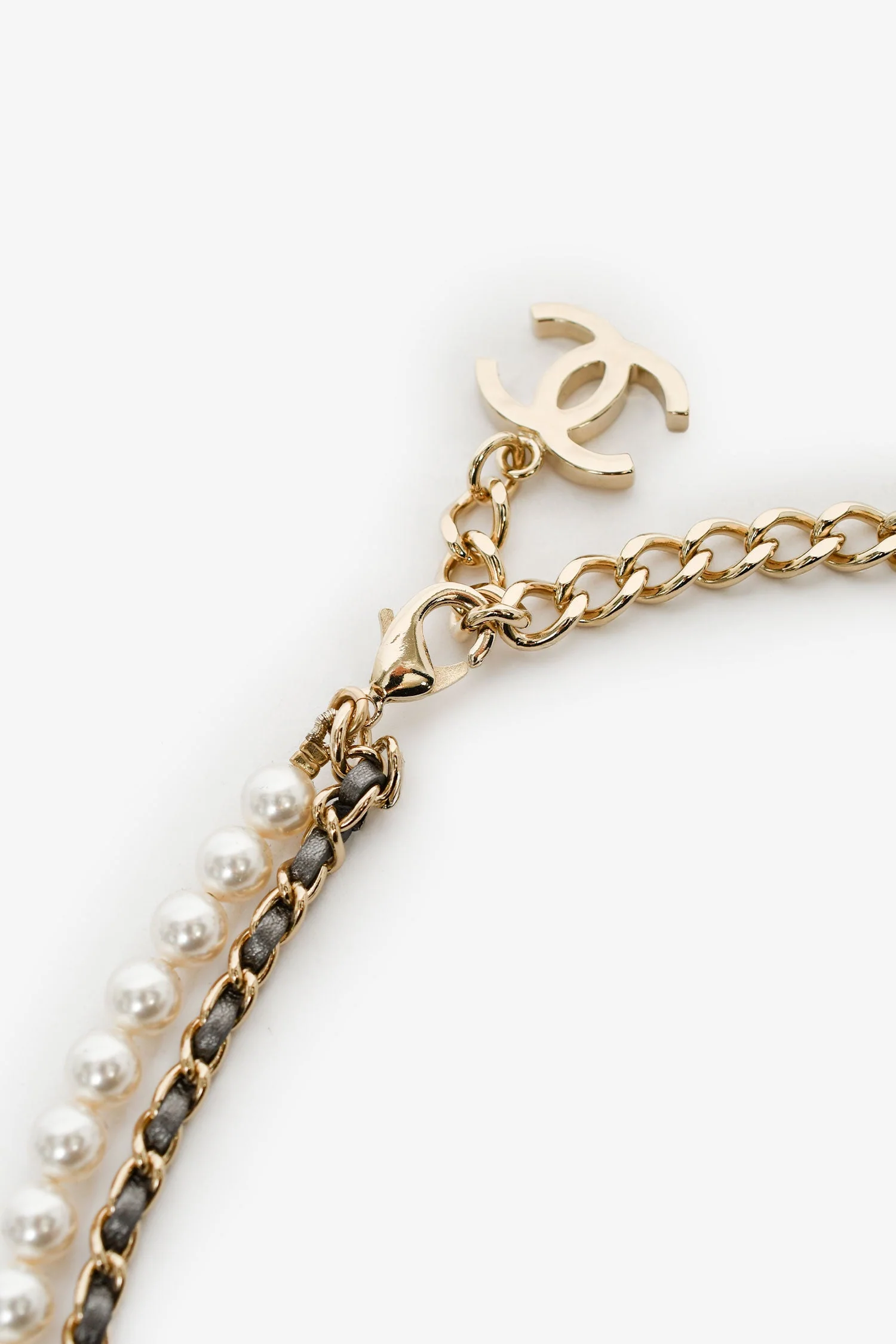 Chanel™ 2023 Gold Toned Faux Pearl Double Chain CC Crystal Choker - Image 3