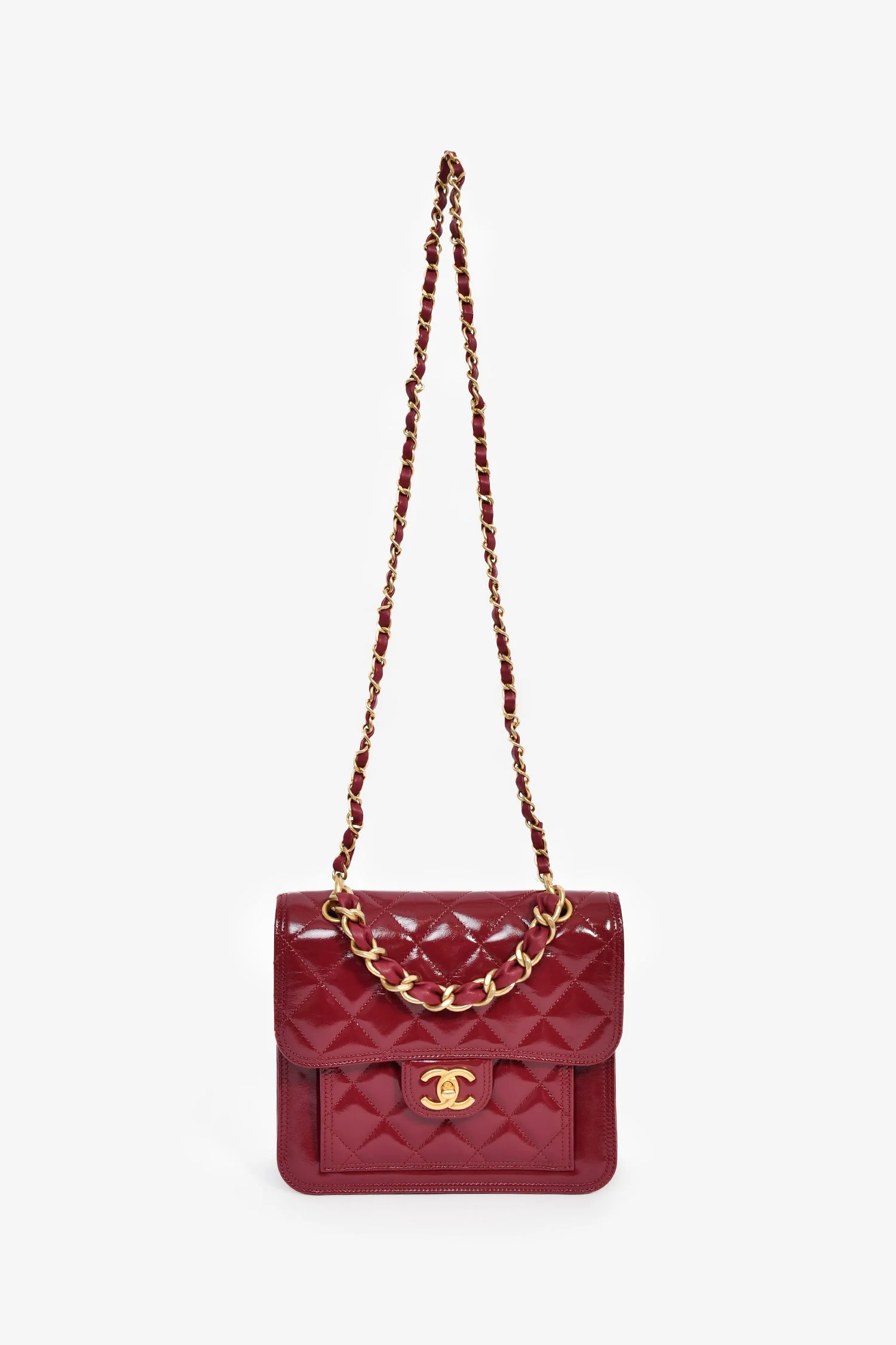 Pre-Loved Chanel™ 2023 Raspberry Patent Quilted Leather Square Chain Bag - Image 7
