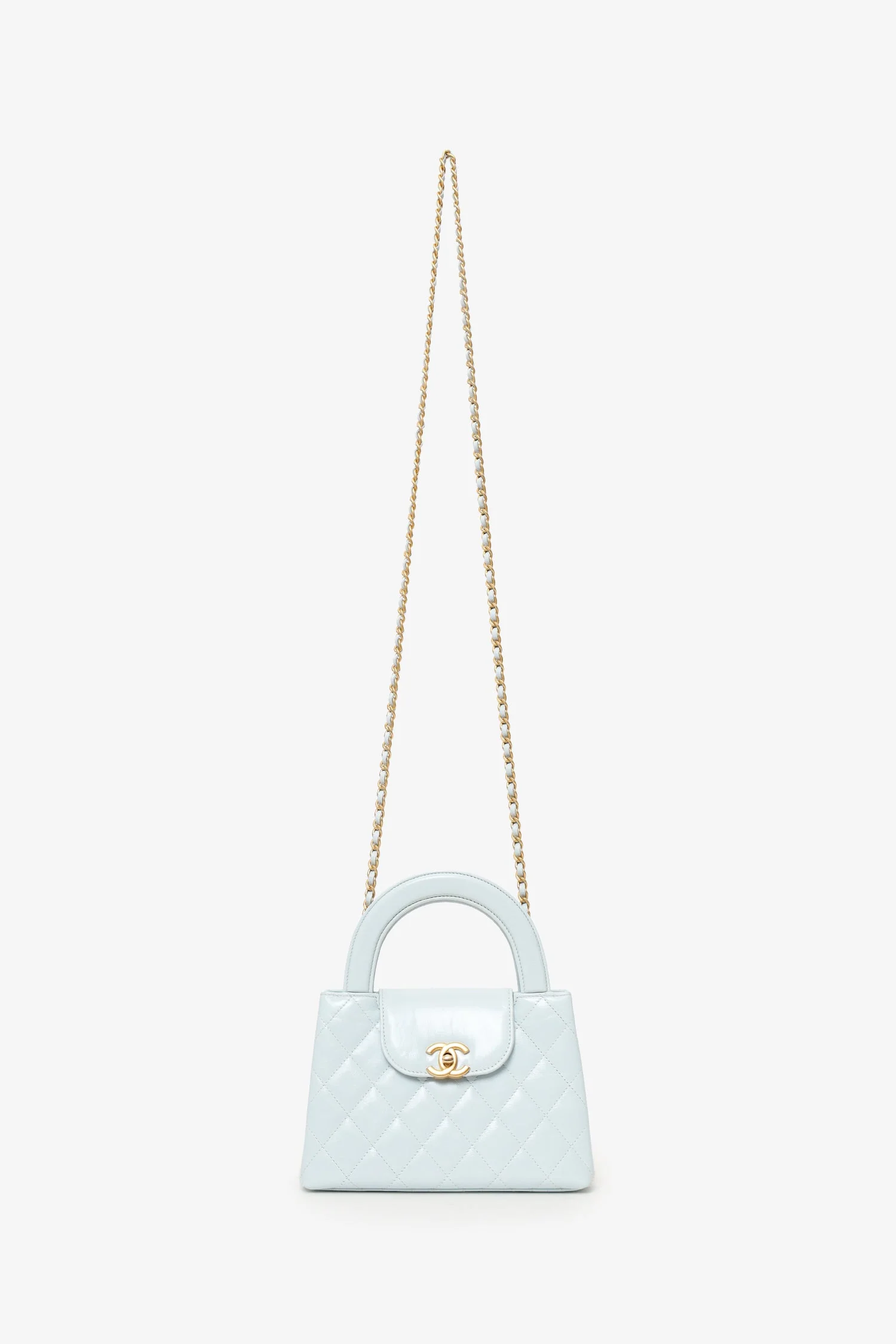 Pre-Loved Chanel™ 2024 Baby Blue Shiny Aged Calfskin Quilted Mini Kelly Shopper - Image 6