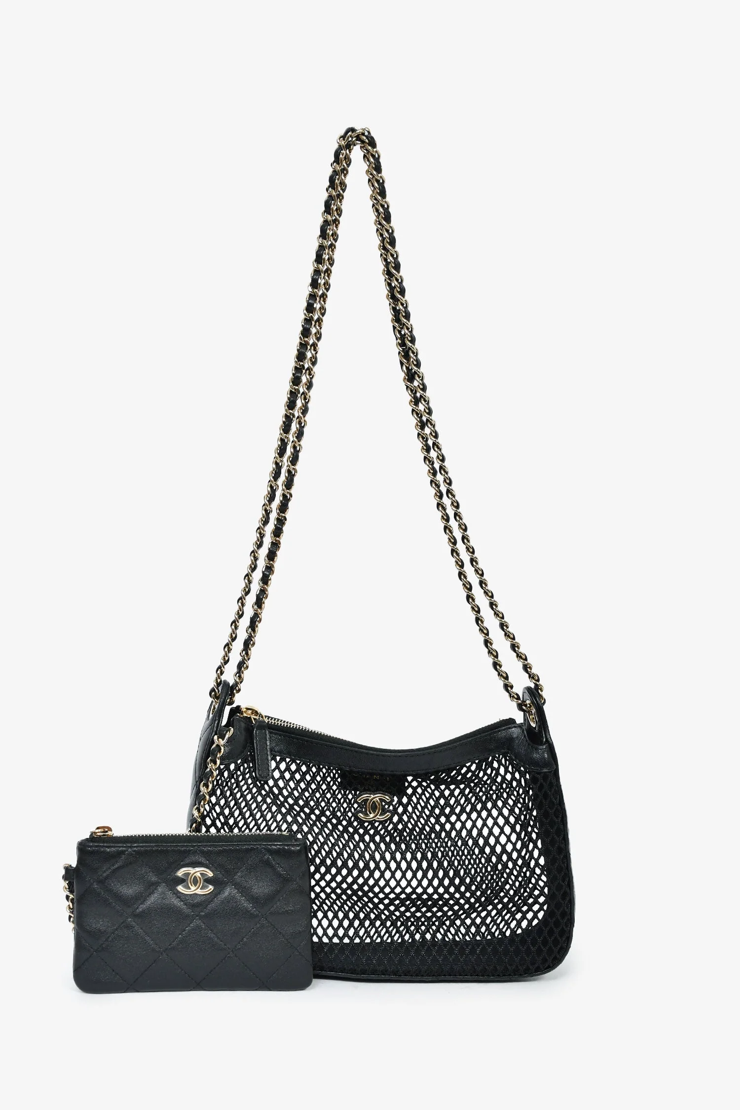 Pre-Loved Chanel™ 2025 Black Mesh Shiny Lambskin Chain Clutch with Pouch - Image 7