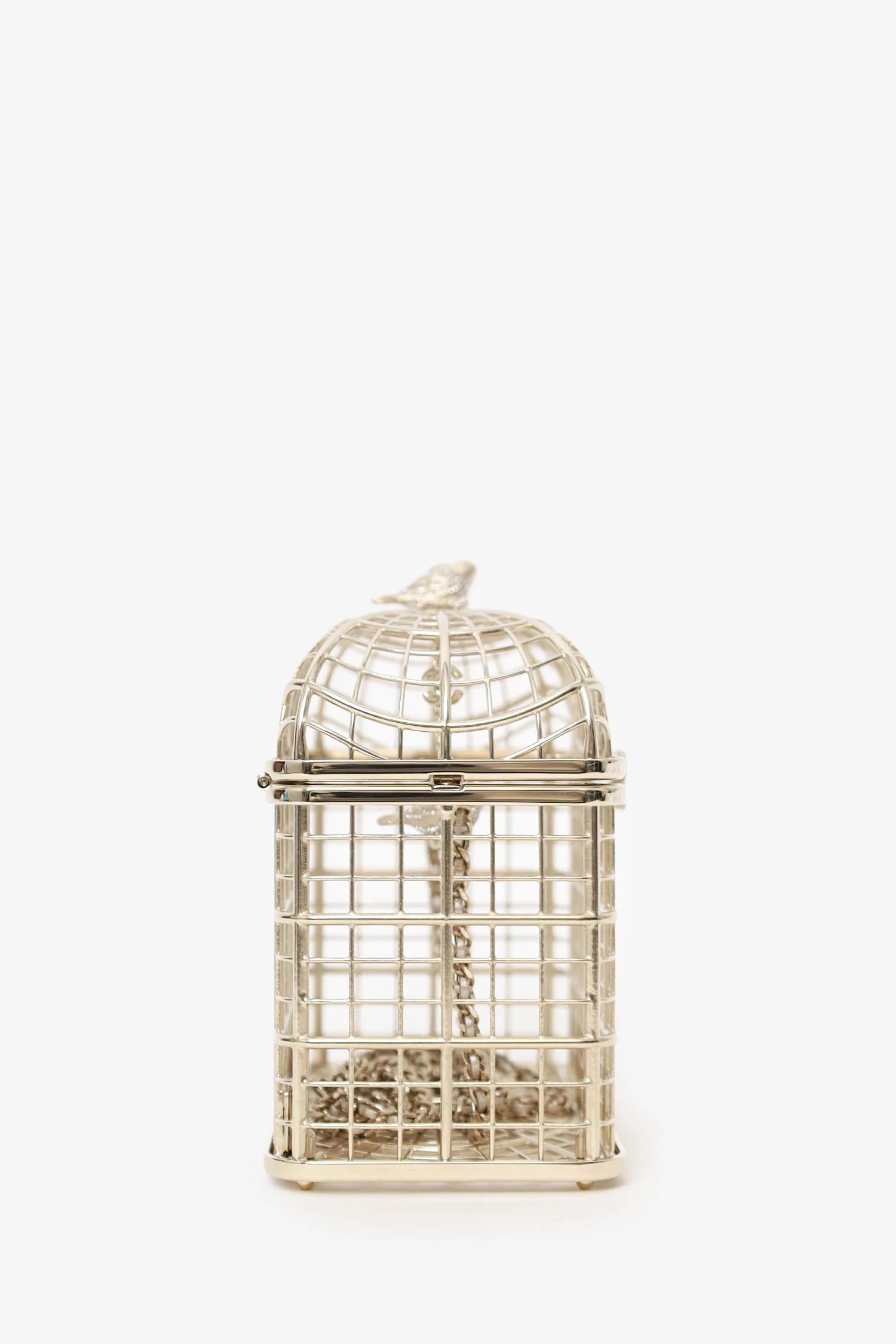 Pre-Loved Chanel™ 2025 S/S Runway Gold Toned Metal Crystal Strass 'Bird Cage Minaudière' Bag - Image 4