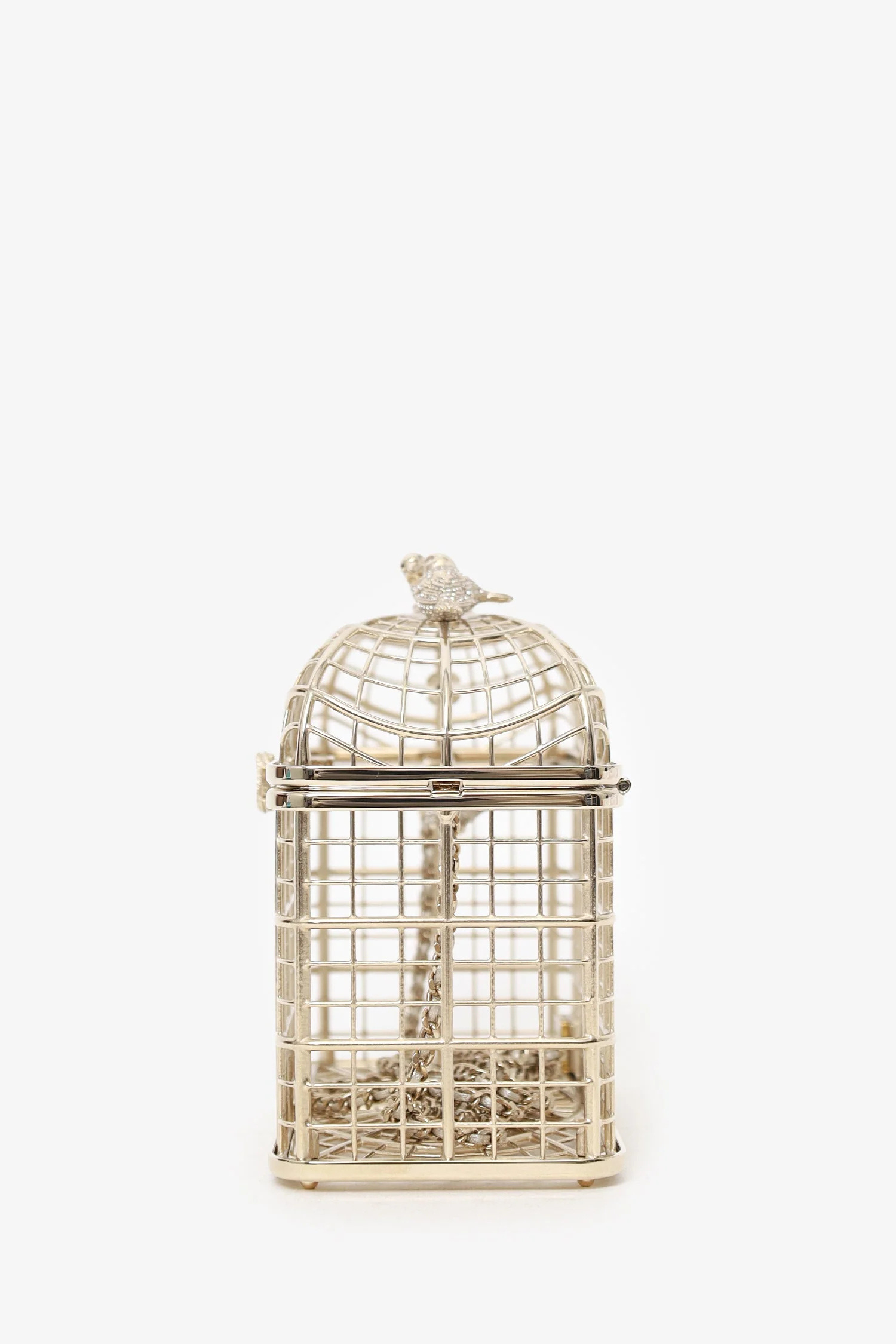 Pre-Loved Chanel™ 2025 S/S Runway Gold Toned Metal Crystal Strass 'Bird Cage Minaudière' Bag - Image 5