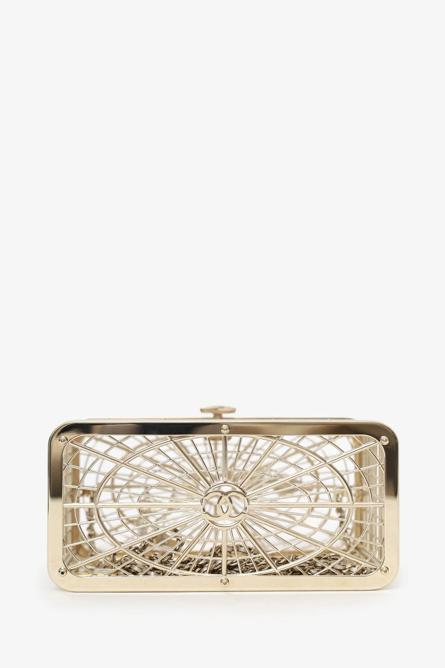 Pre-Loved Chanel™ 2025 S/S Runway Gold Toned Metal Crystal Strass 'Bird Cage Minaudière' Bag - Image 6