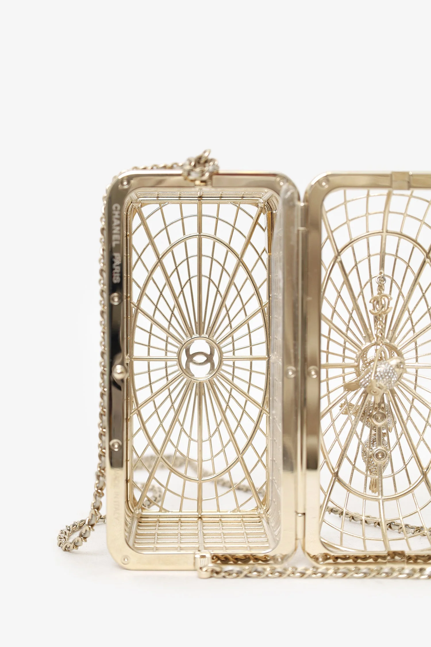 Pre-Loved Chanel™ 2025 S/S Runway Gold Toned Metal Crystal Strass 'Bird Cage Minaudière' Bag - Image 8