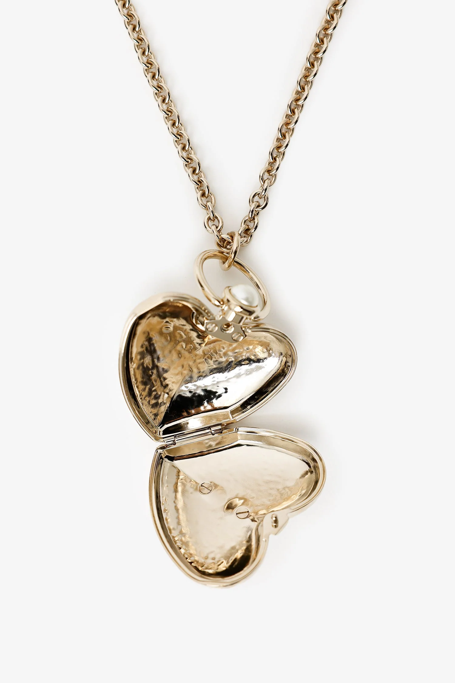 Pre-Loved Chanel™ 22C Gold tone Pearl Puff Heart Locket Necklace - Image 2