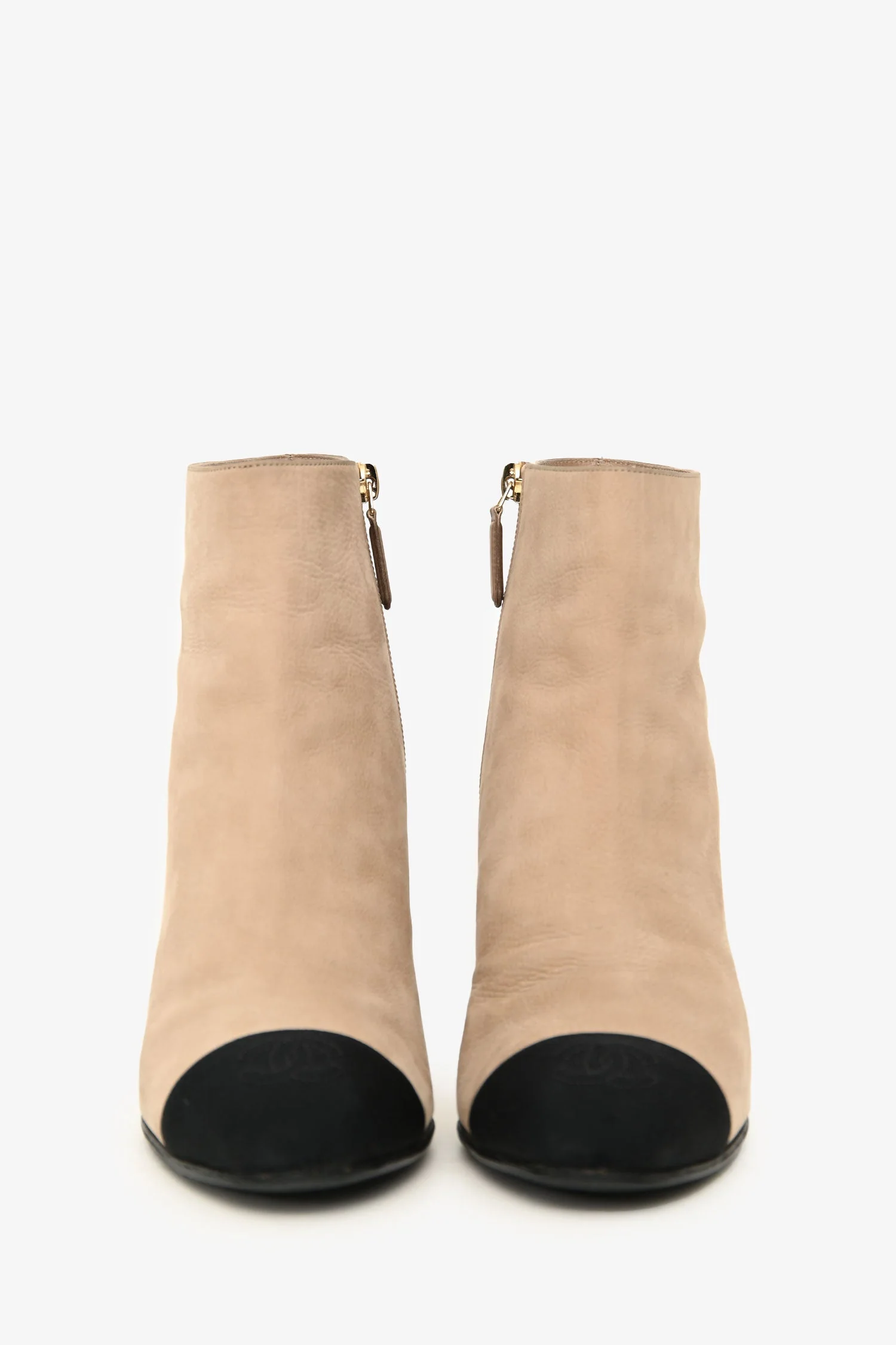 Pre-Loved Chanel Beige Black CC Cap Toe Pearl Heel Boots Size 39 - Image 3