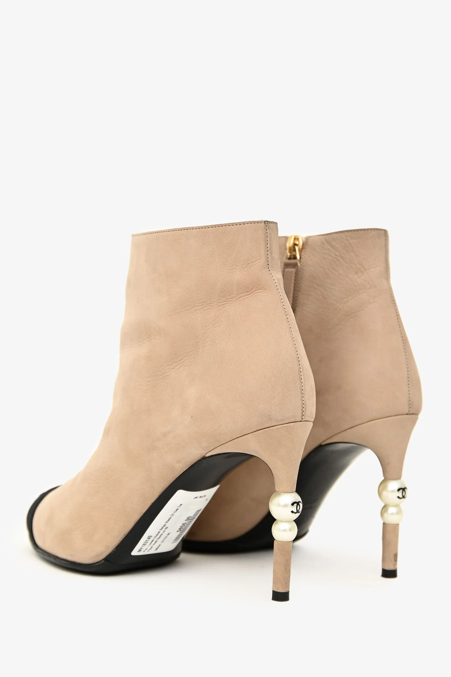 Pre-Loved Chanel Beige Black CC Cap Toe Pearl Heel Boots Size 39 - Image 4