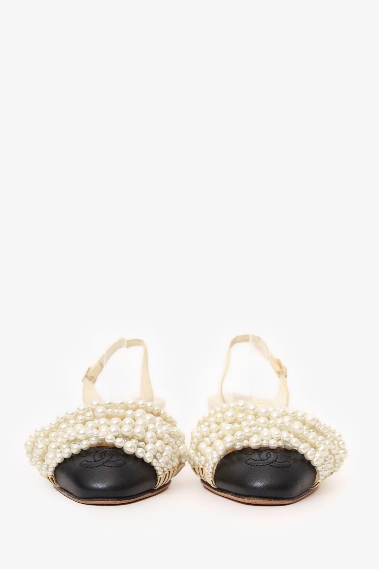 Pre-Loved Chanel™ Beige/Black Leather Pearl Embellished CC Ankle Strap Pumps Size 36 - Image 3