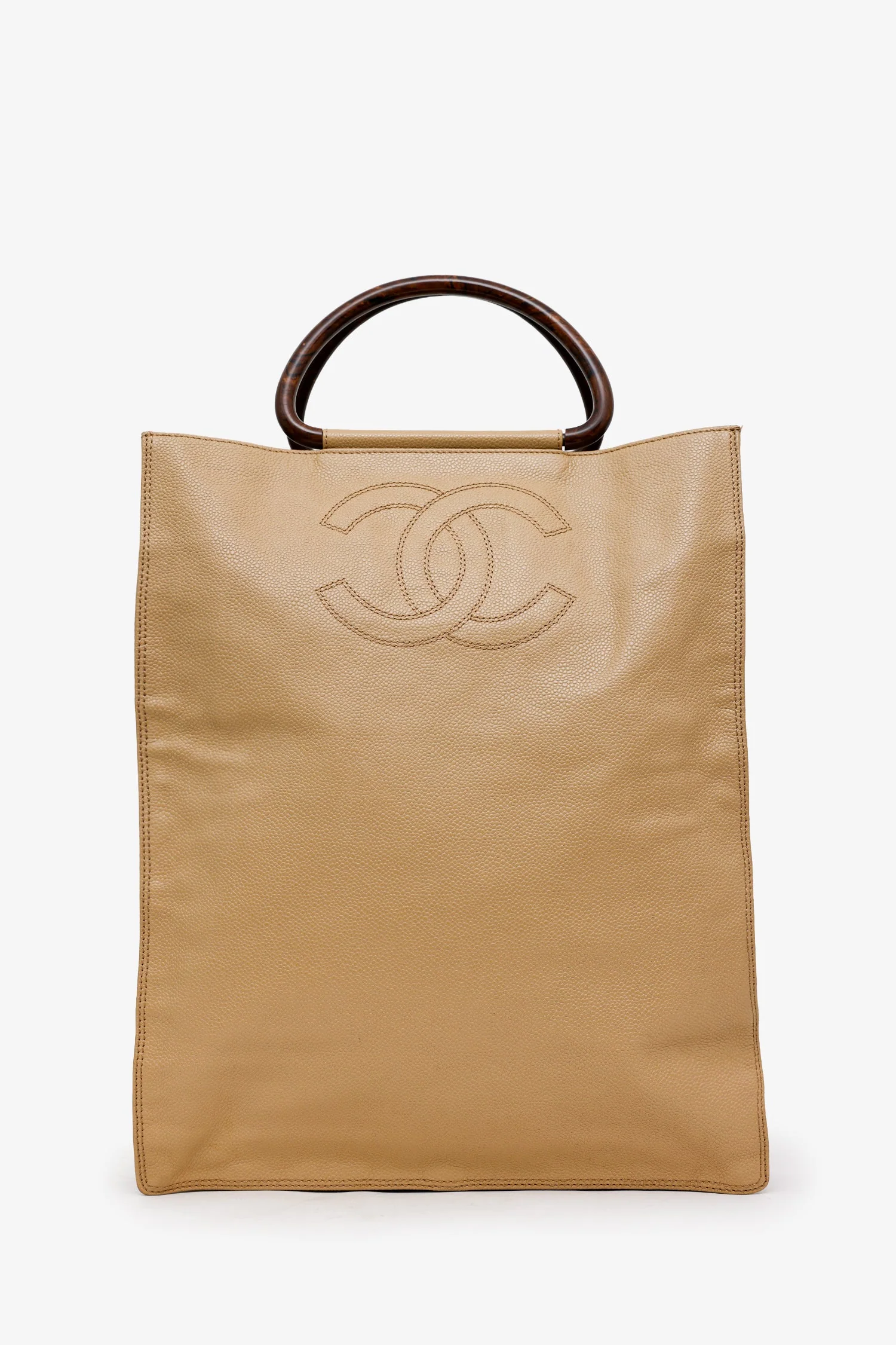 Chanel™ Beige Caviar Leather Wooden Top Handle Bag (Pre-Loved )
