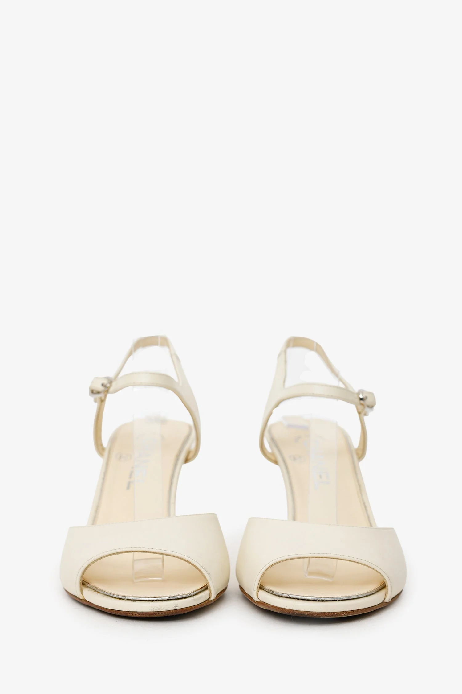 Pre-Loved Chanel™ Beige Lambskin Pearl CC Wedge Sandals Size 37 - Image 3