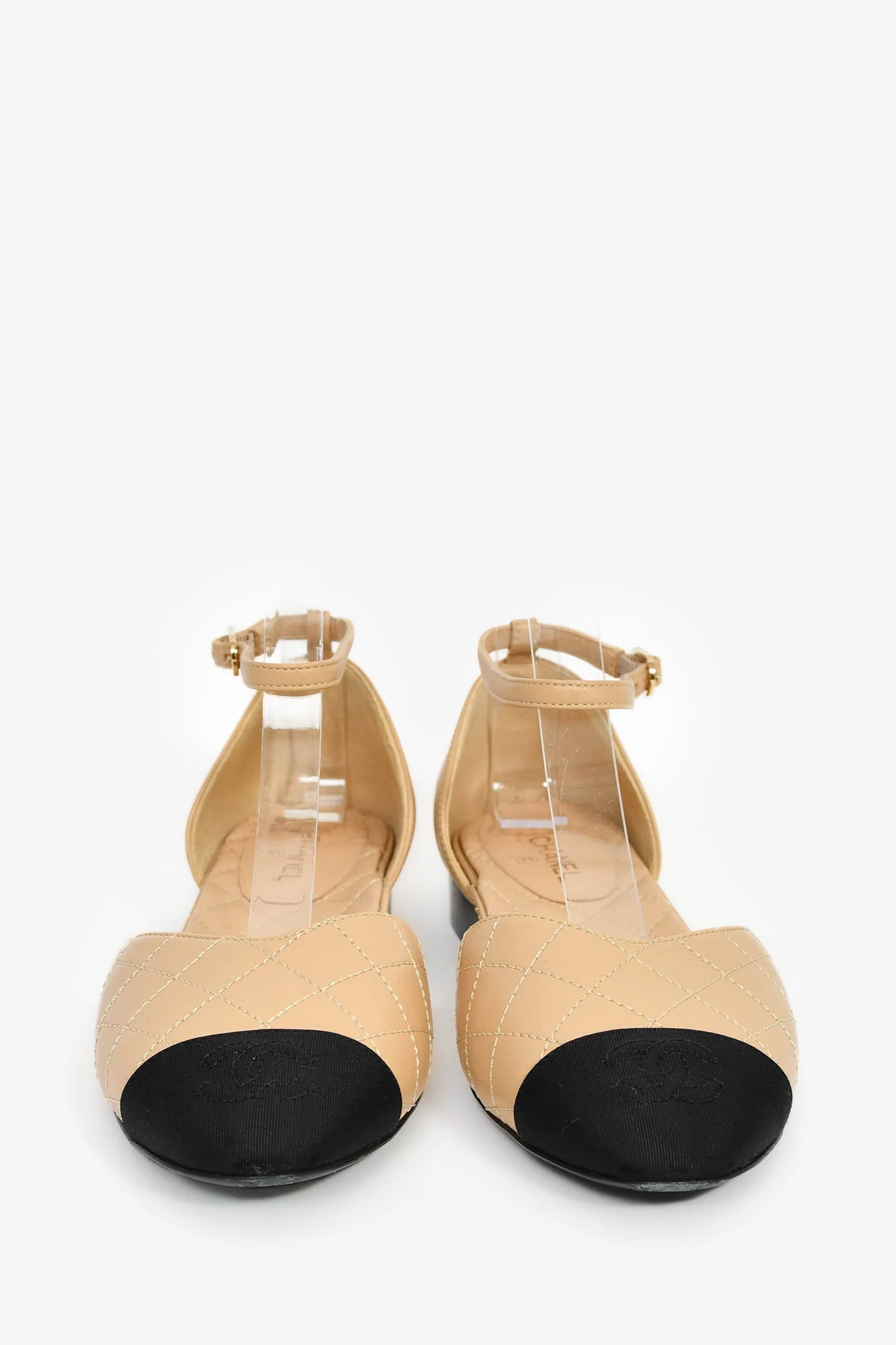 Pre-Loved Chanel™ Beige Quilted Black Cap Toe 'Chanel' Flats Size 36.5 - Image 3