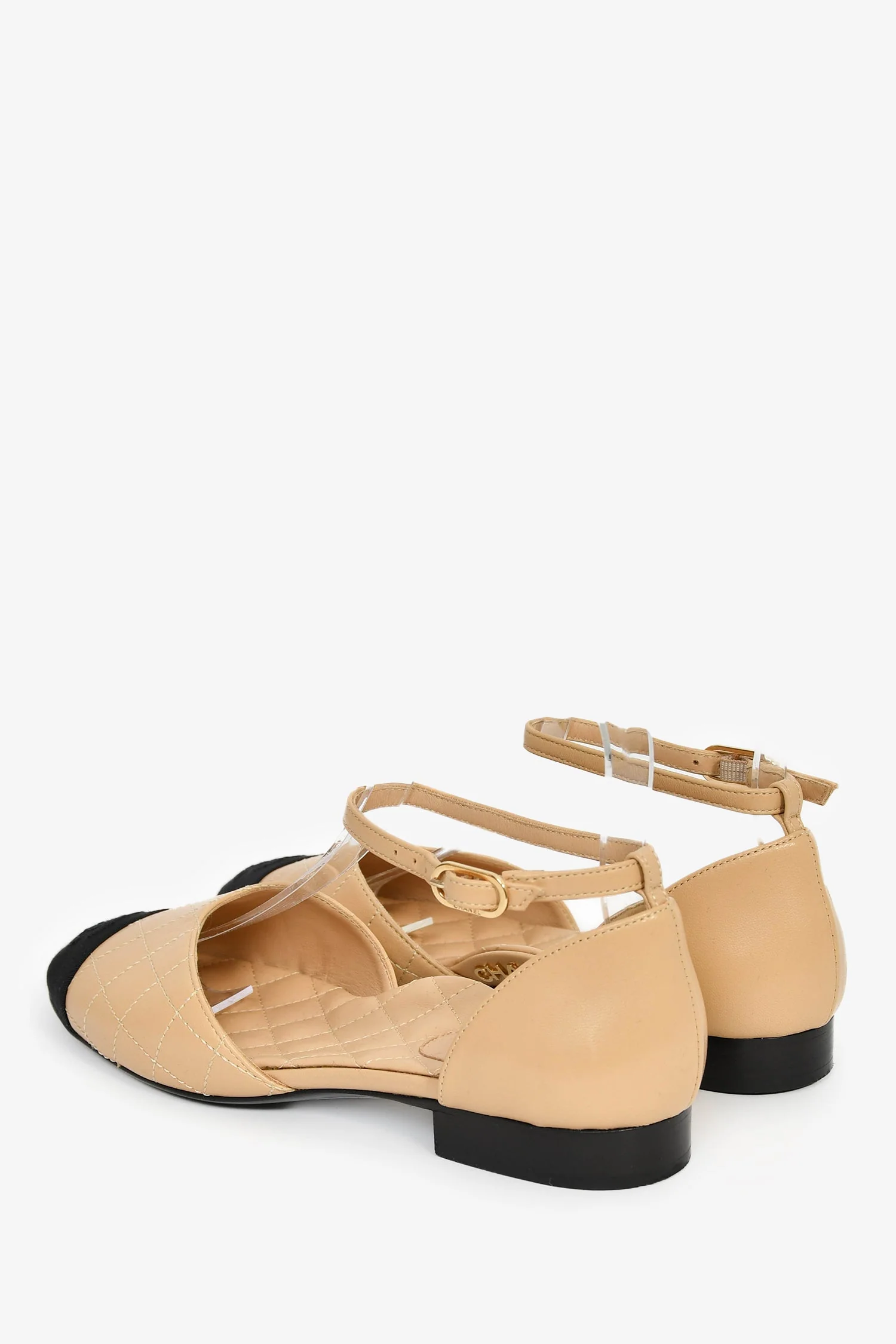 Pre-Loved Chanel™ Beige Quilted Black Cap Toe 'Chanel' Flats Size 36.5 - Image 5