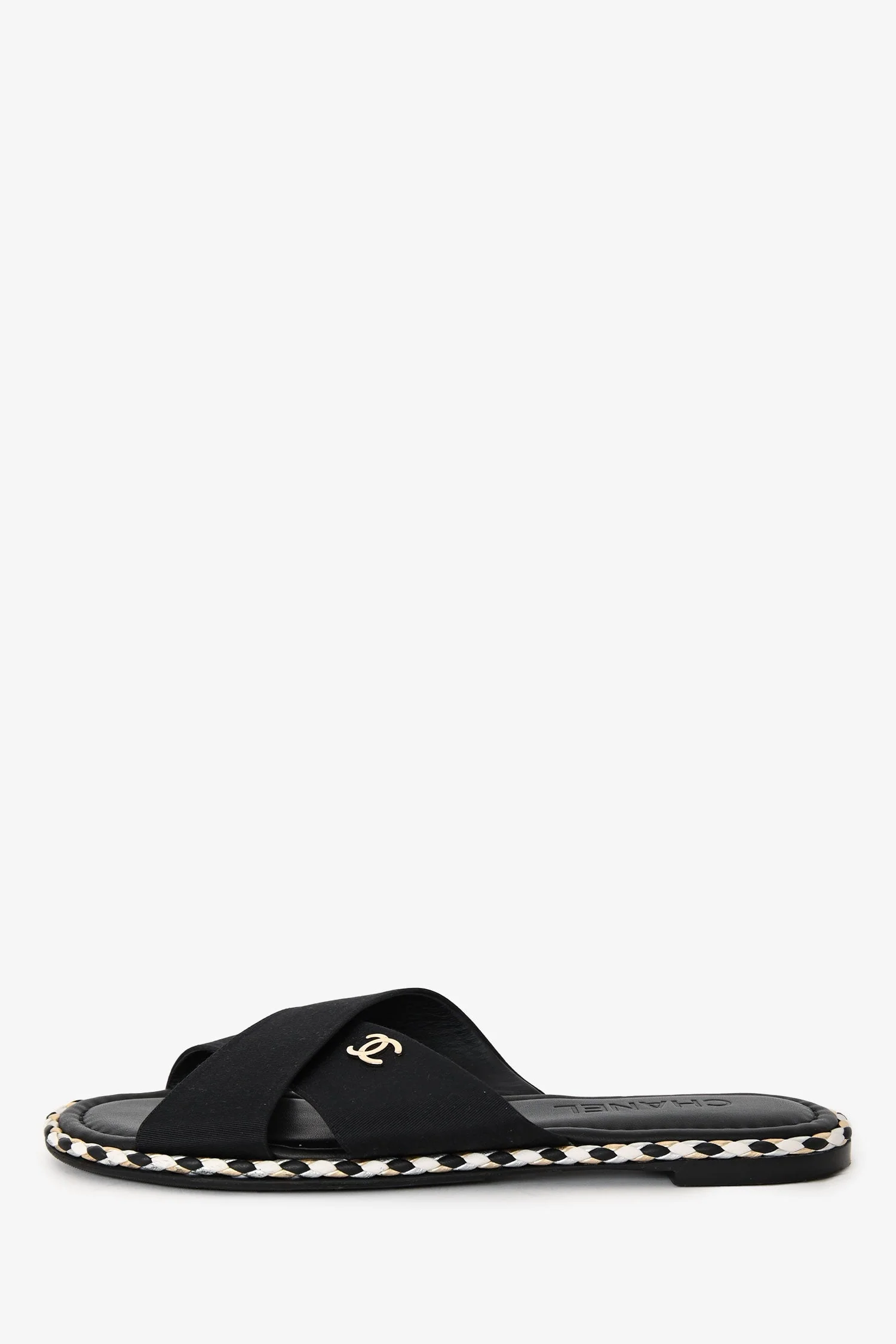 Pre-Loved Chanel™ Black Canvas/Leather Braided Trim CC Logo Slides Size 39C - Image 5