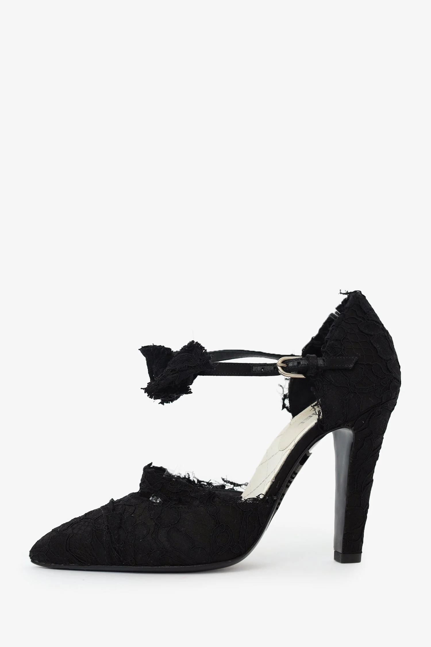 Pre-Loved Chanel™ Black CC Lace Ankle Wrap Bow Pumps Size 38 - Image 4