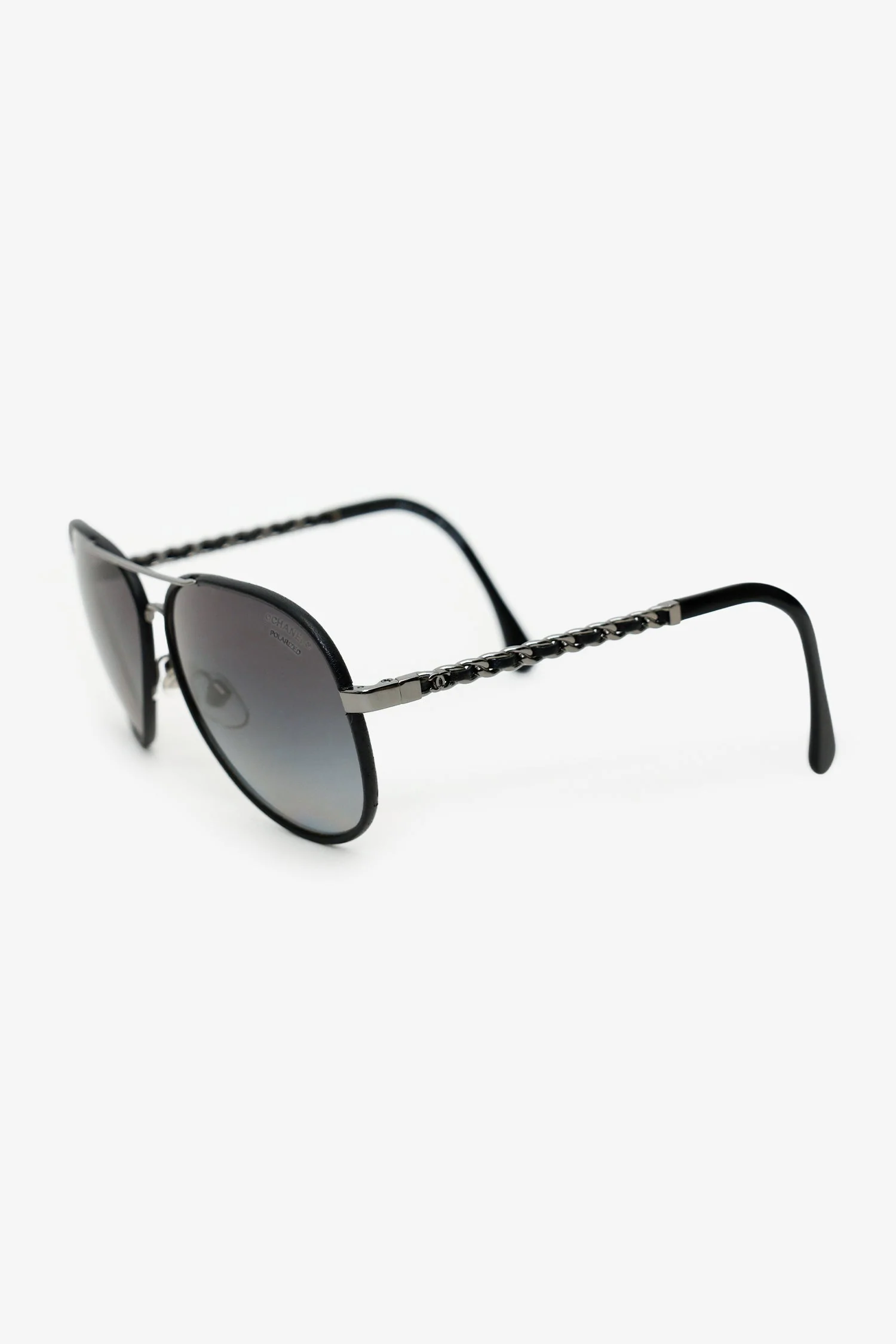Pre-Loved Chanel™ Black Frame Leather Trimmed Chain Aviator Sunglasses - Image 2