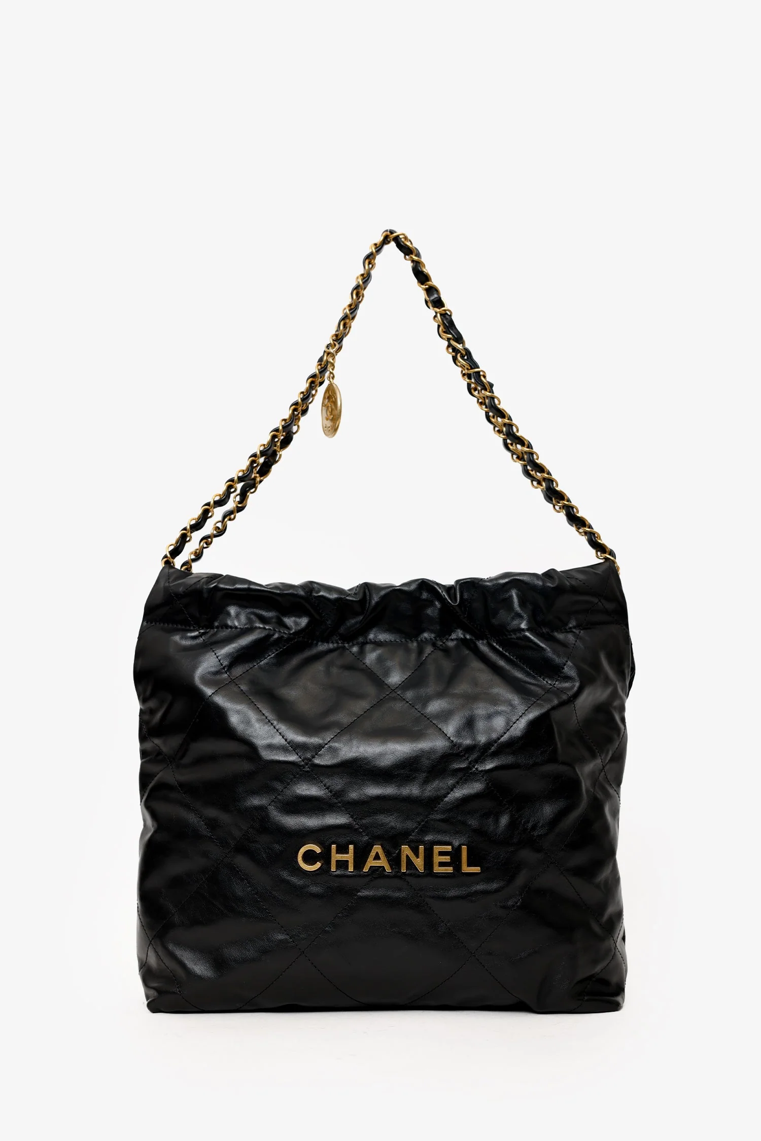 Pre-Loved Chanel Black Lambskin 22 Small Hobo Bag With Pouch - Image 6