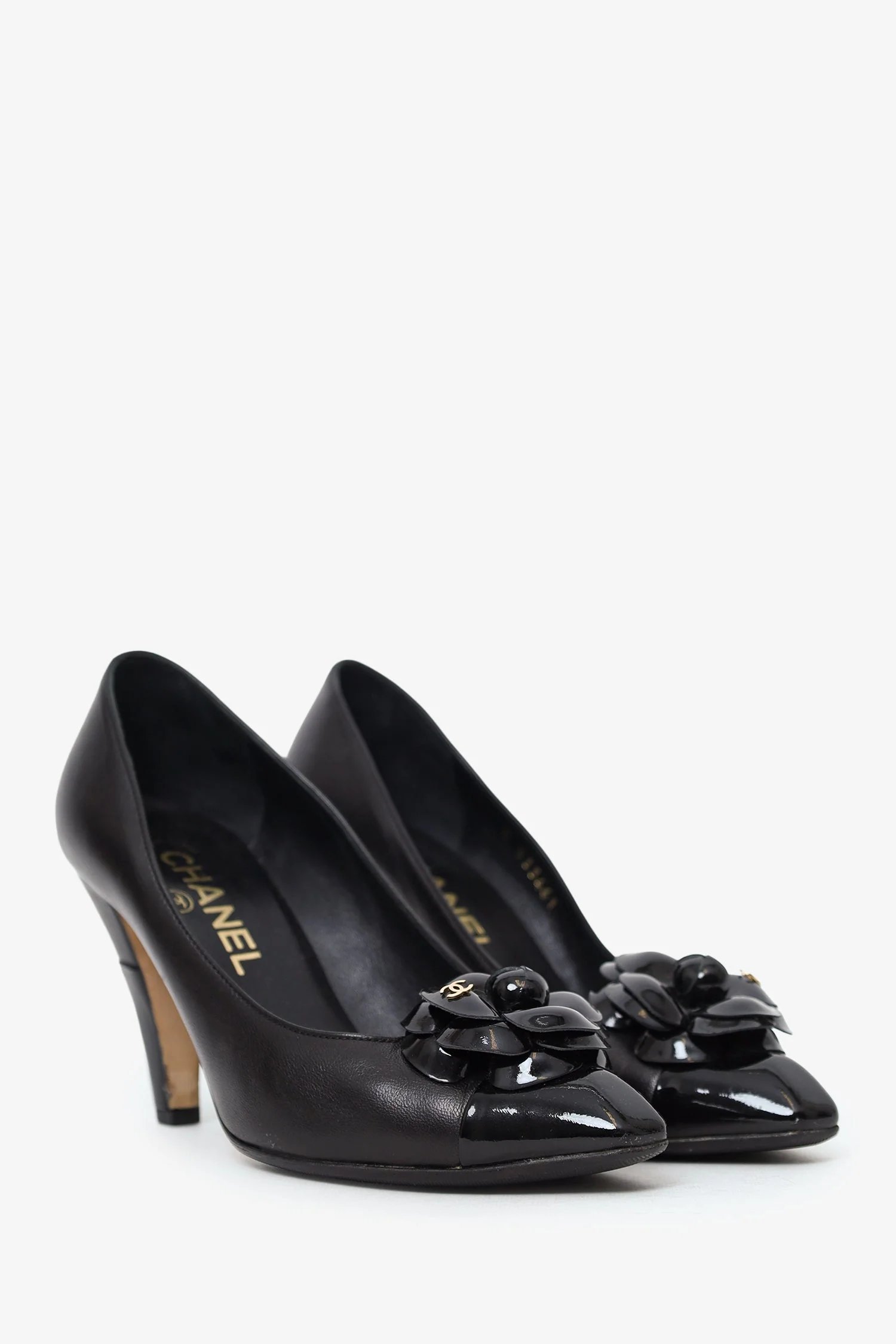 Pre-Loved Chanel™ Black Lambskin Leather Cap-Toe Camellia Pumps Size 36.5 - Image 2