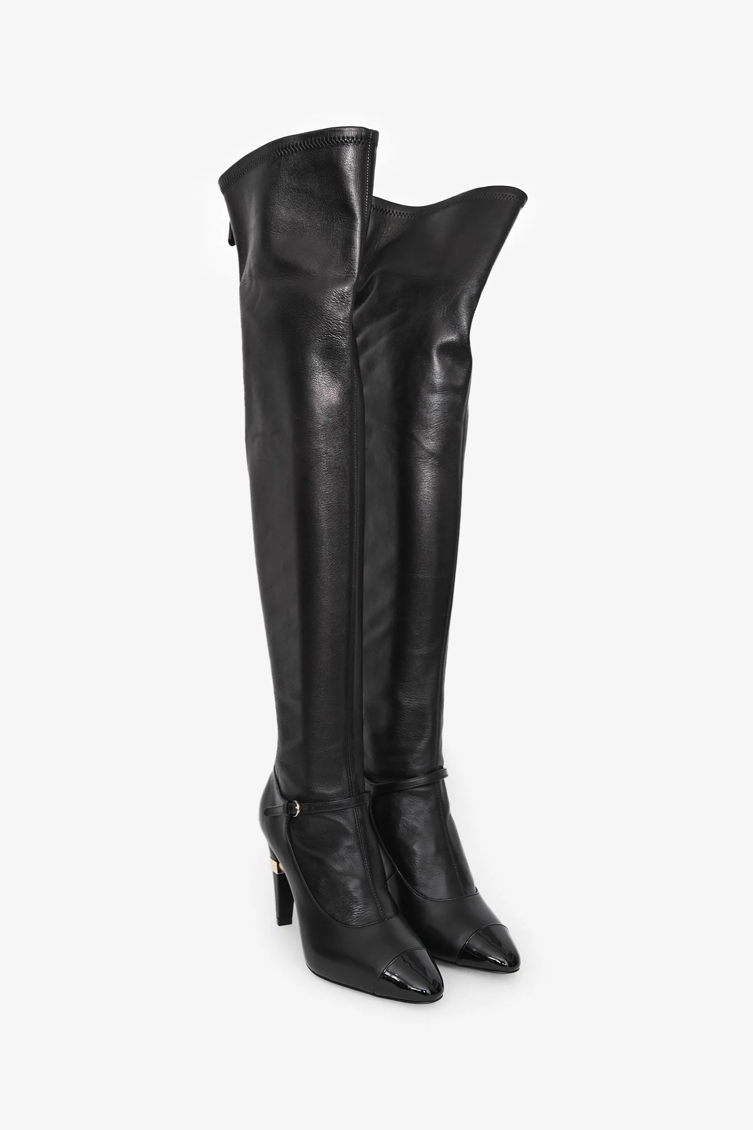 Pre-Loved Chanel™ Black Lambskin Leather Mary Jane Thigh High Heeled Boots with Pearl Size 35 - Image 2