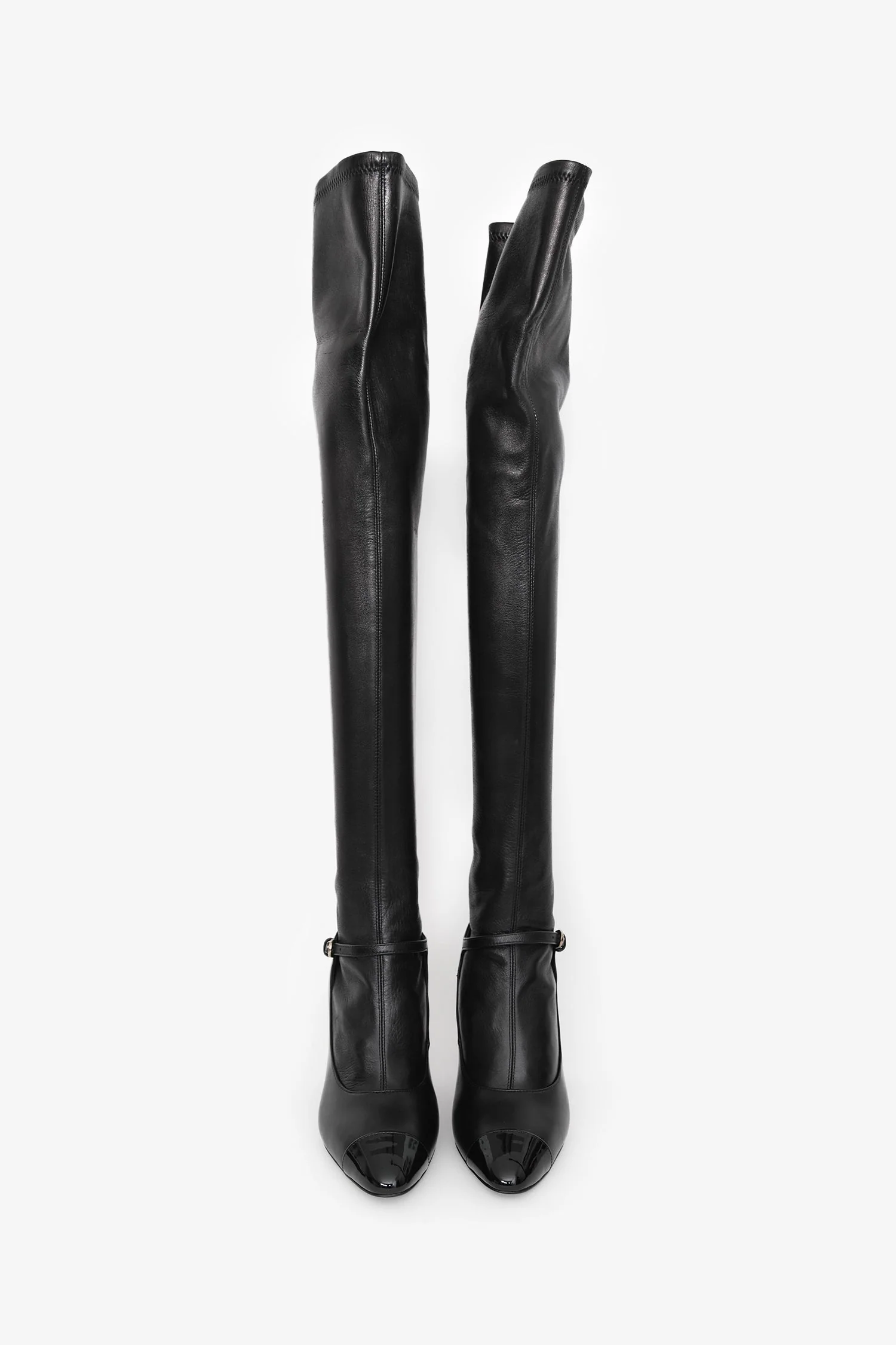 Pre-Loved Chanel™ Black Lambskin Leather Mary Jane Thigh High Heeled Boots with Pearl Size 35 - Image 3