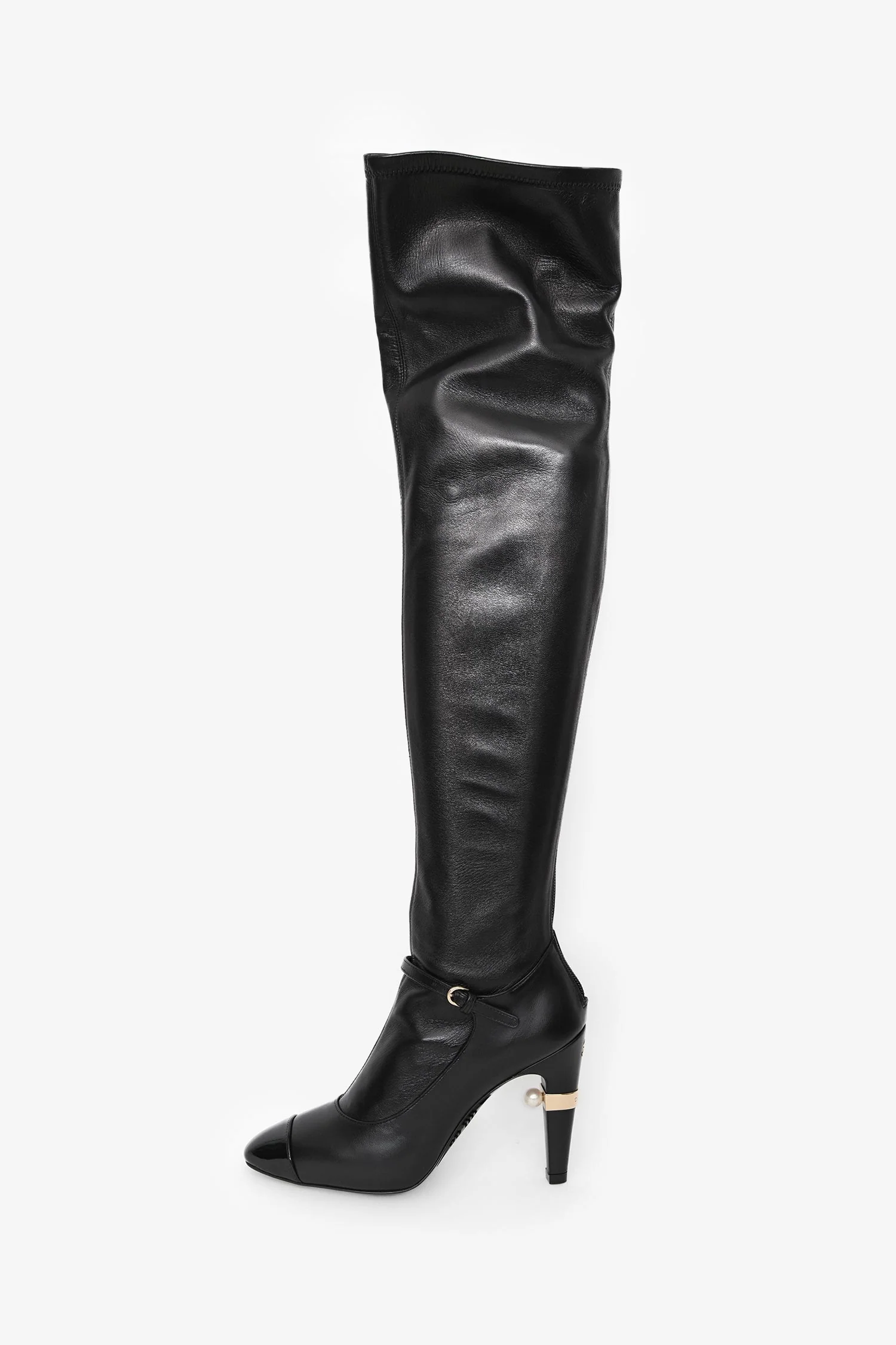 Pre-Loved Chanel™ Black Lambskin Leather Mary Jane Thigh High Heeled Boots with Pearl Size 35 - Image 4