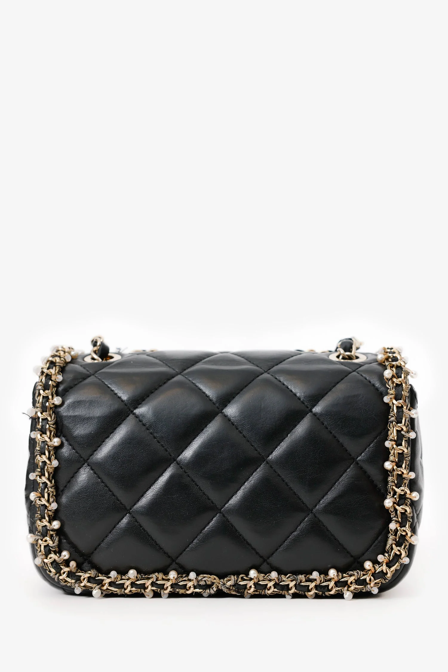 Pre-Loved Chanel™ Black Lambskin Pearl Chain Around Square Flap Bag - Image 2