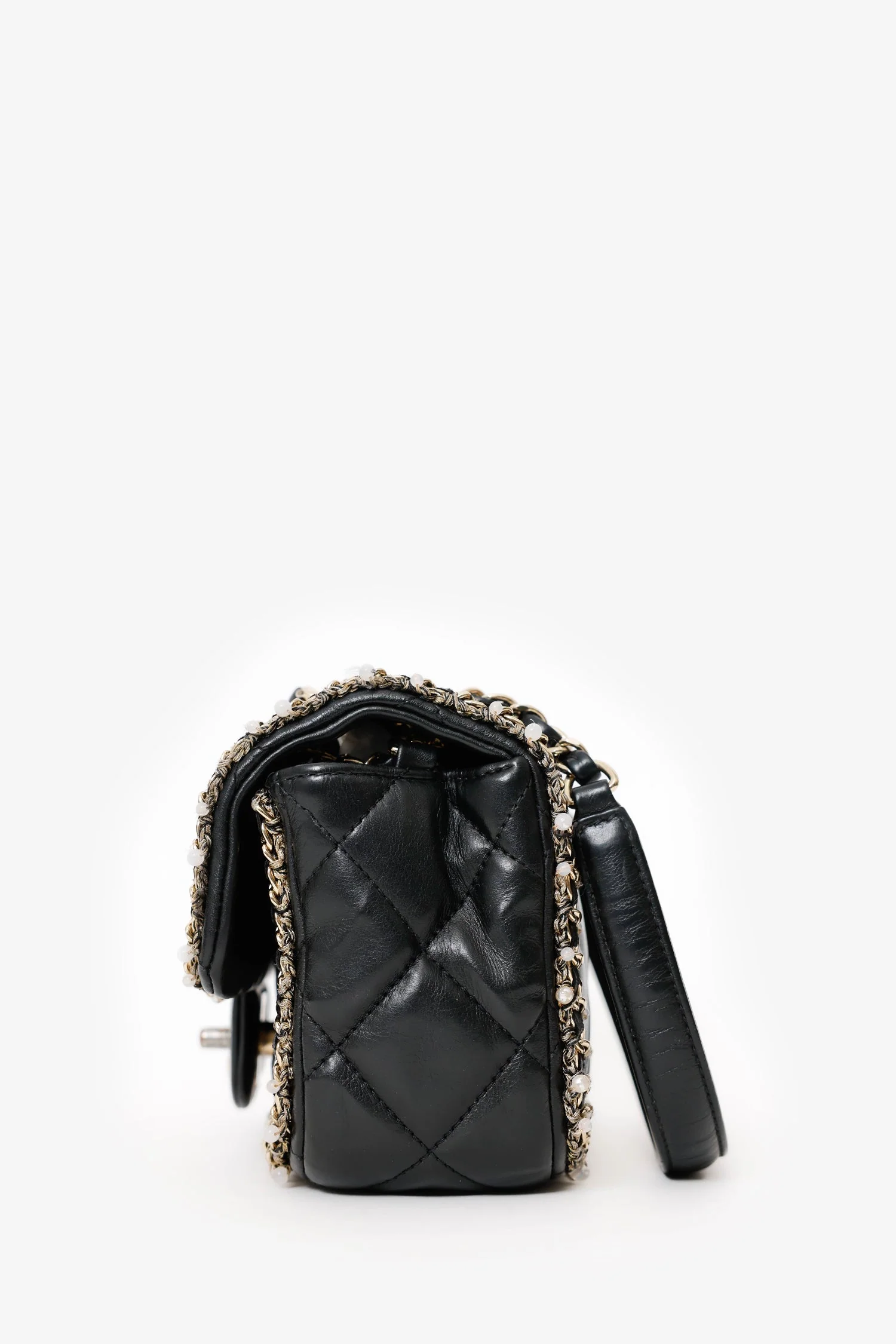 Pre-Loved Chanel™ Black Lambskin Pearl Chain Around Square Flap Bag - Image 4
