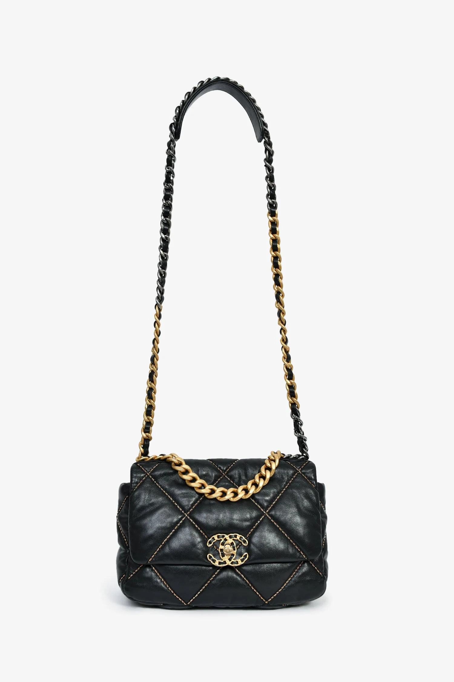 Pre-Loved Chanel™ Black Lambskin/Quilted Gold Chain Small 19 Bag - Image 7