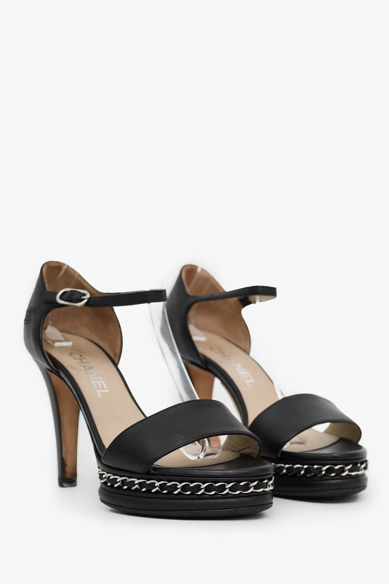Pre-Loved Chanel™ Black Leather Ankle Strap Chain Sandals Size 37 - Image 2