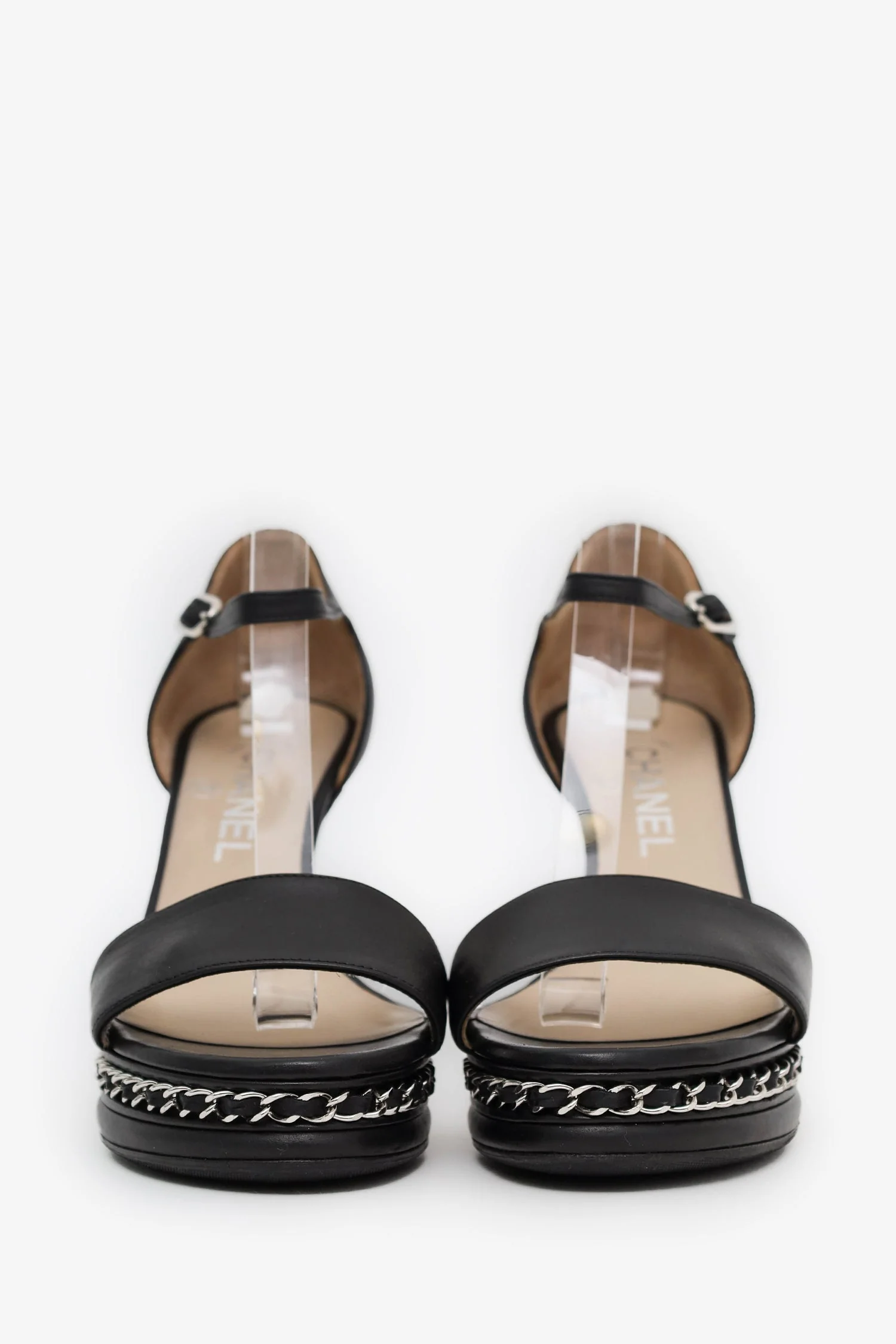 Pre-Loved Chanel™ Black Leather Ankle Strap Chain Sandals Size 37 - Image 3