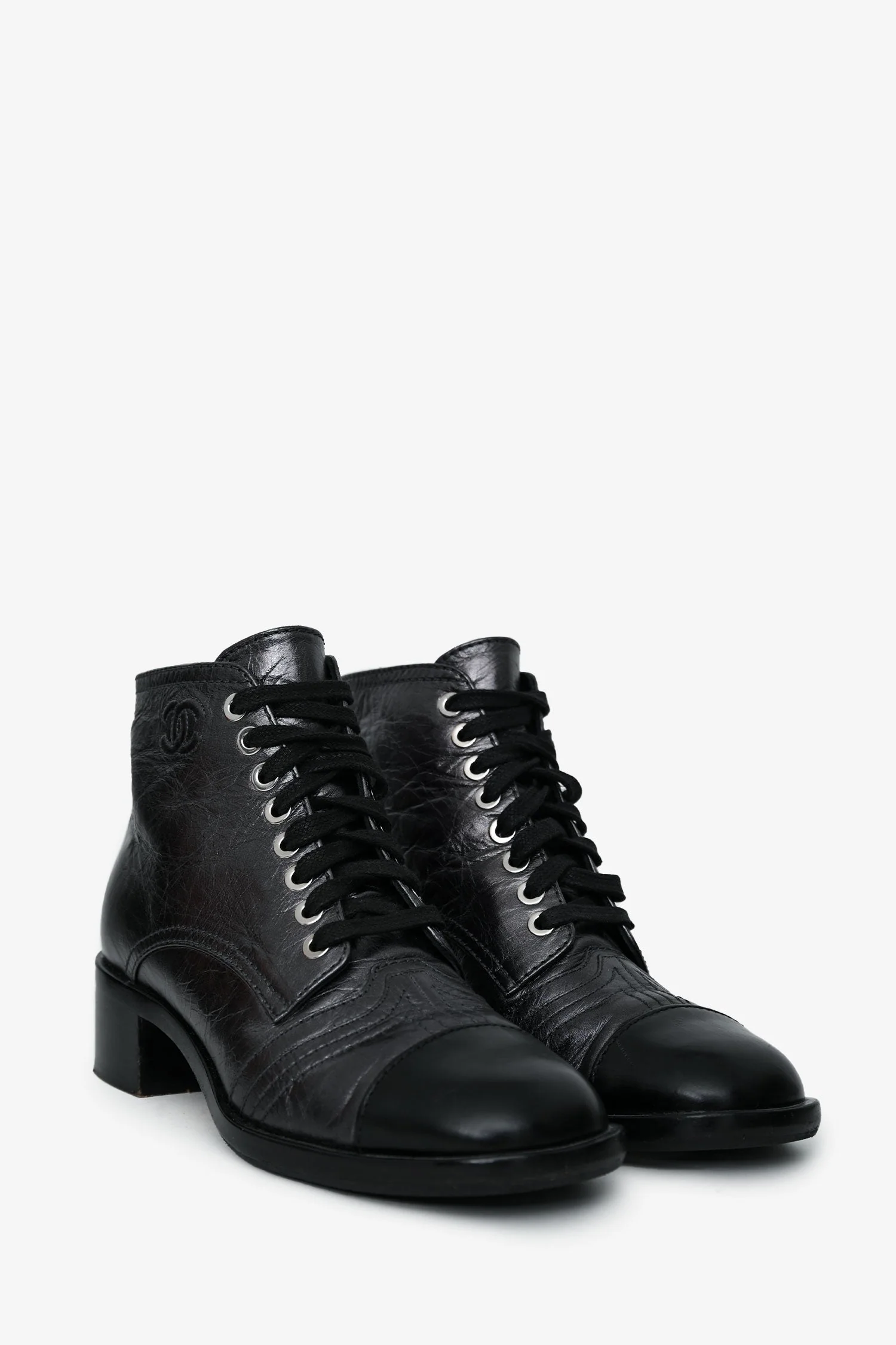 Pre-Loved Chanel™ Black Leather CC Ankle Boots Size 35 - Image 2
