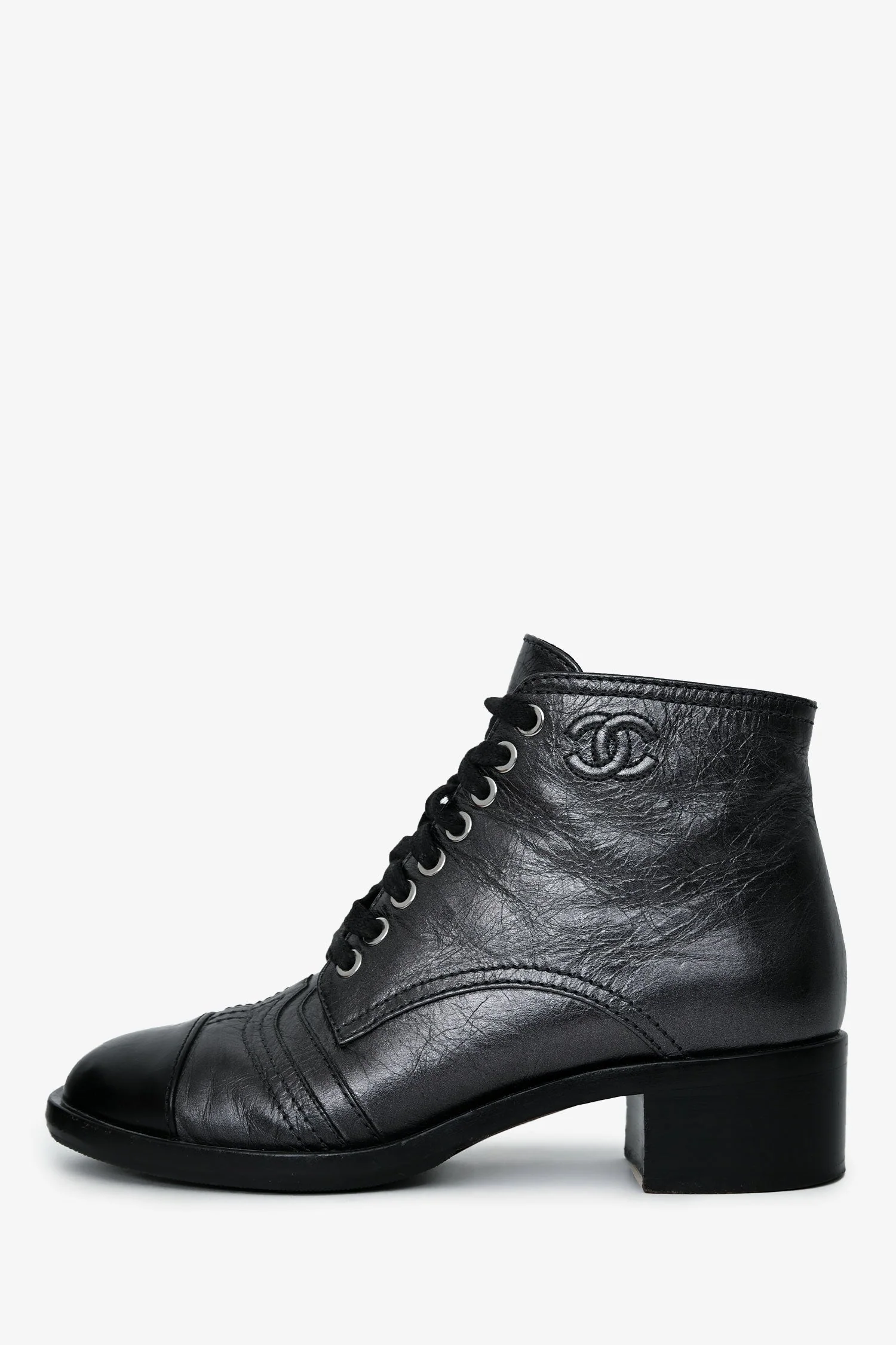 Pre-Loved Chanel™ Black Leather CC Ankle Boots Size 35 - Image 5