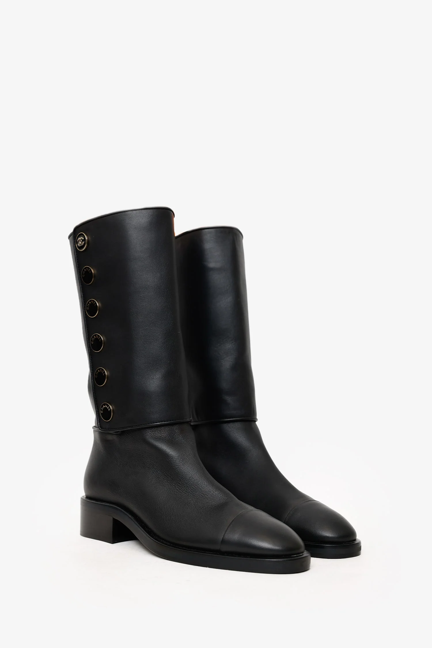 Pre-Loved Chanel™ Black Leather CC Biker Boots Size 39 - Image 2