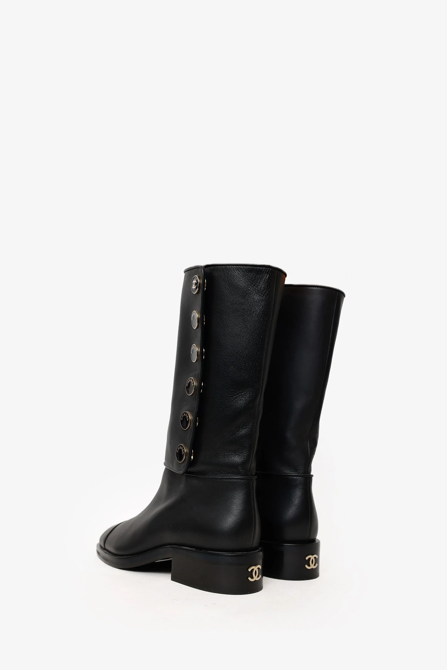 Pre-Loved Chanel™ Black Leather CC Biker Boots Size 39 - Image 4