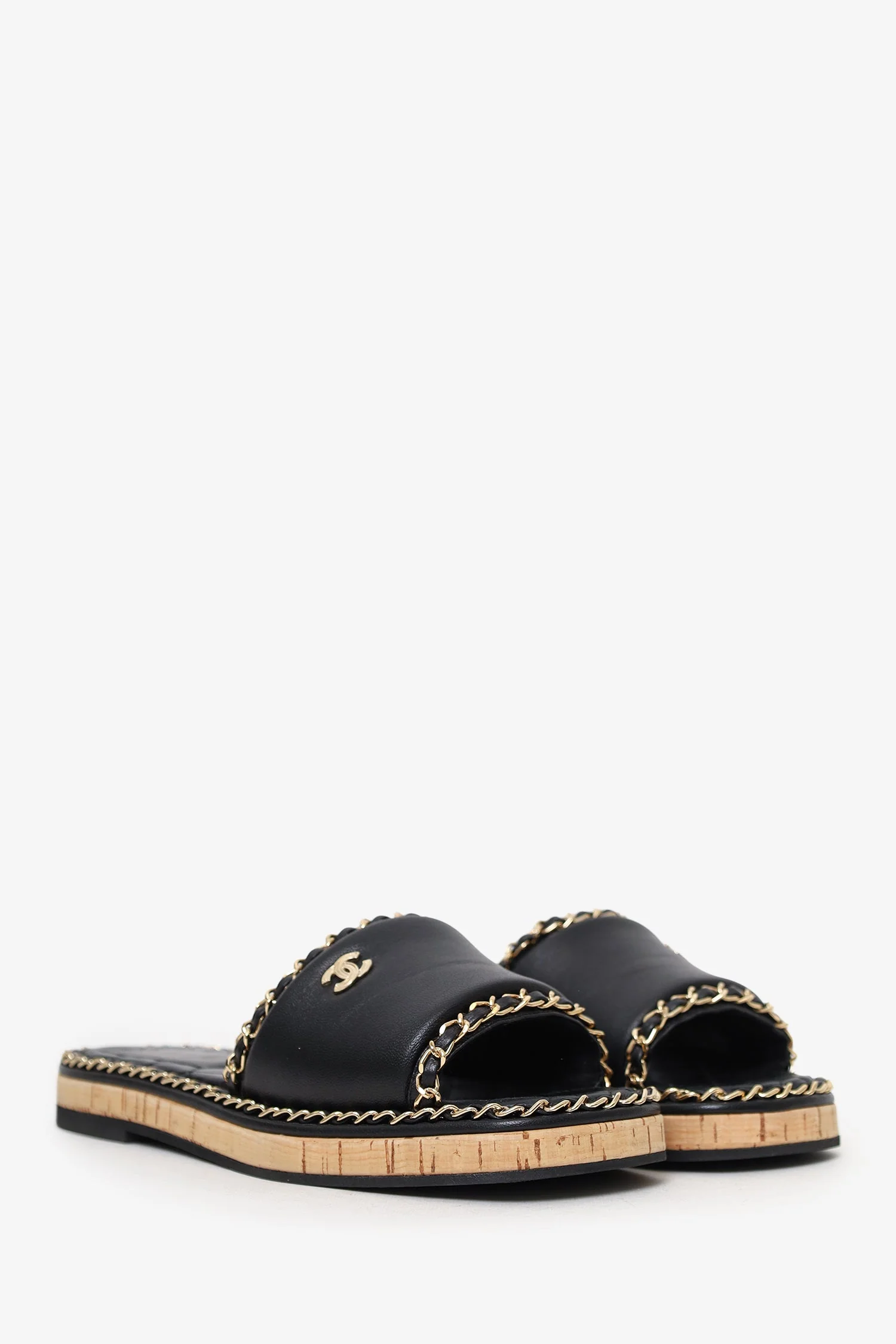 Pre-Loved Chanel™ Black Leather CC Chain Detail Sandals Size 37 - Image 2