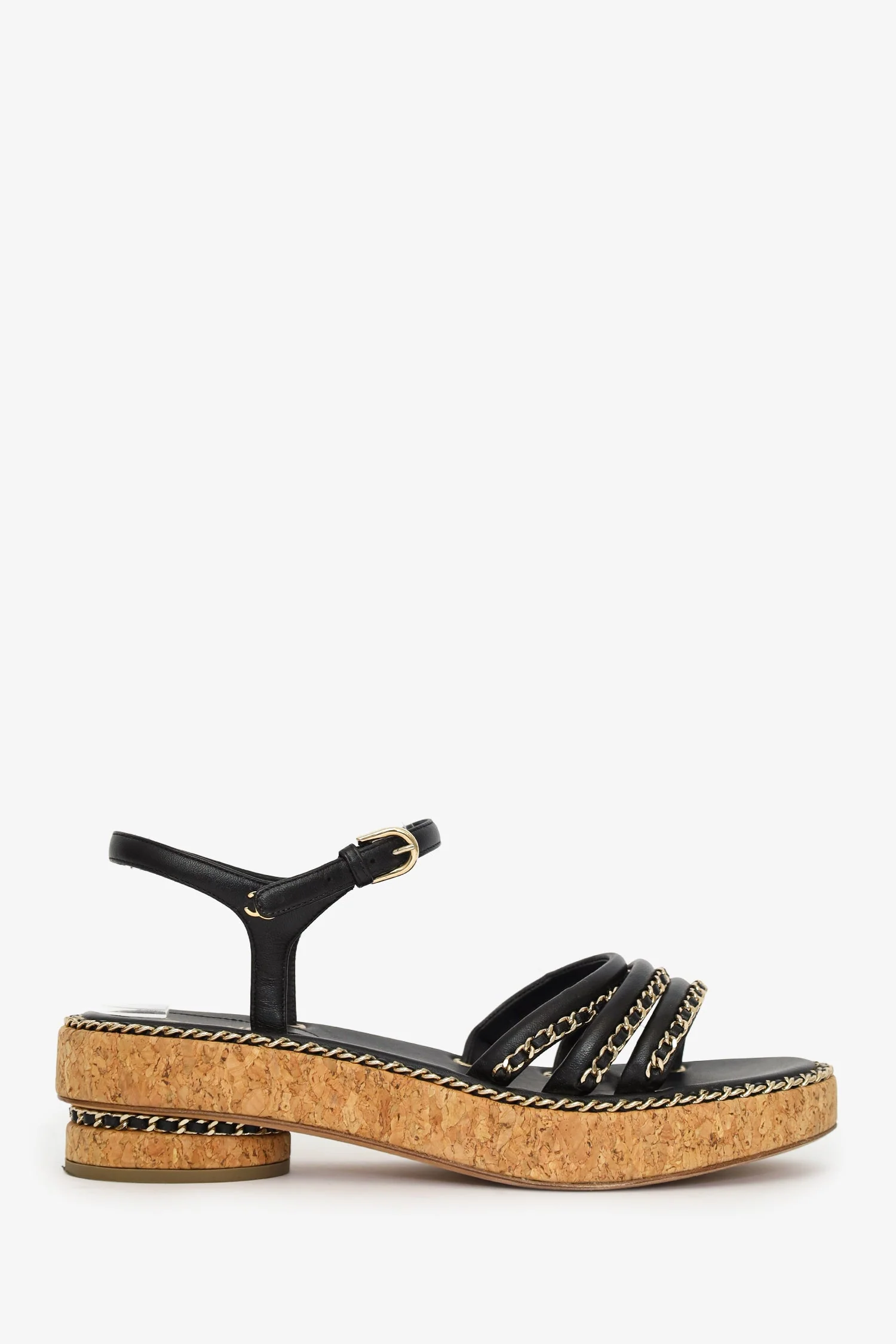Pre-Loved Chanel™ Black Leather Chain Detail Cork Sandals Size 38