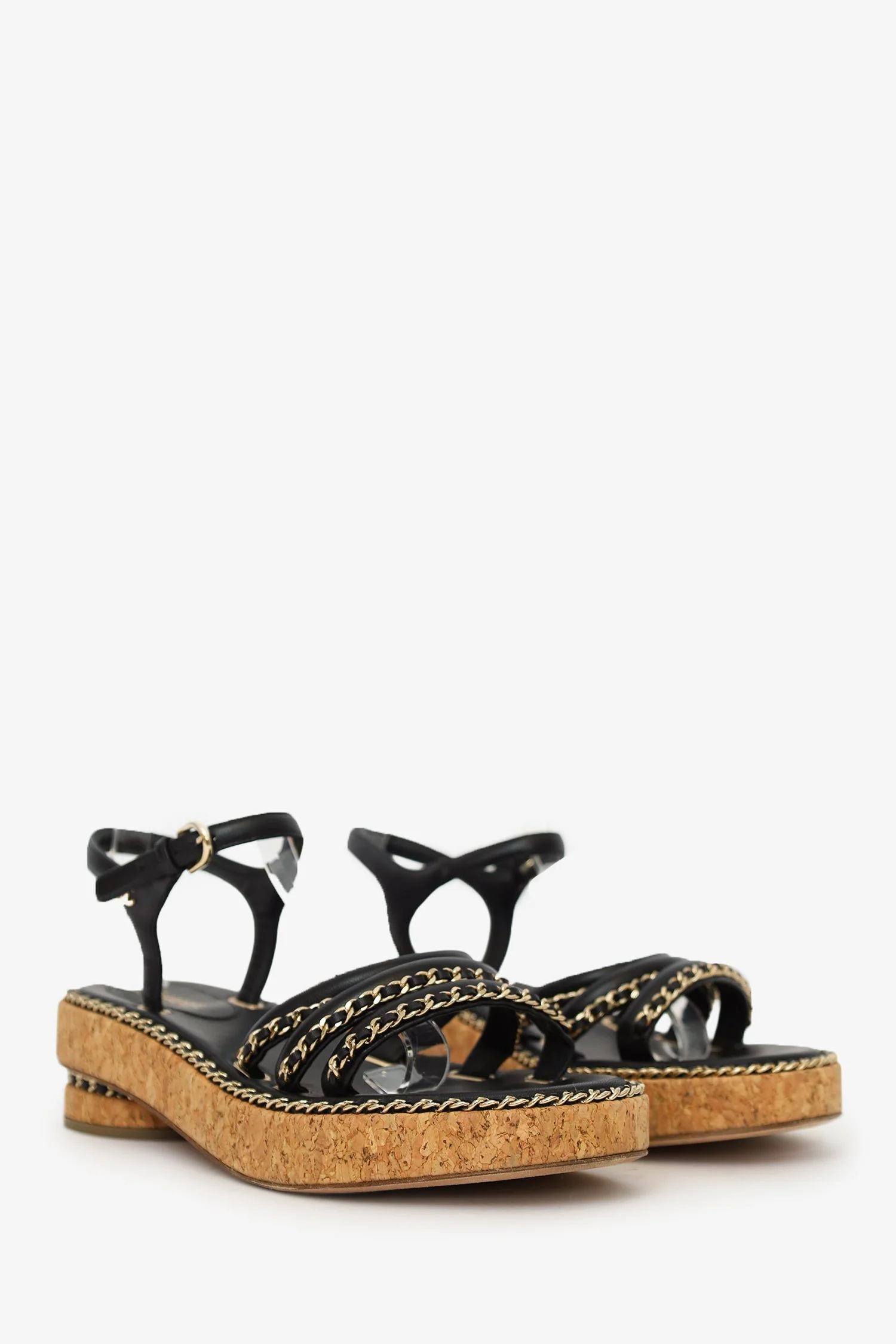 Pre-Loved Chanel™ Black Leather Chain Detail Cork Sandals Size 38 - Image 2