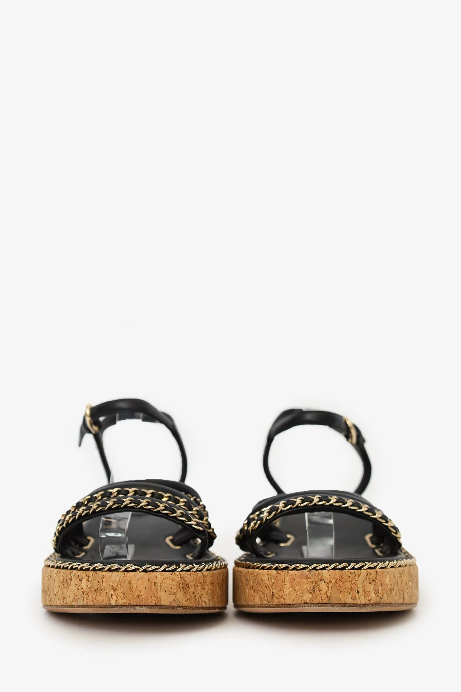 Pre-Loved Chanel™ Black Leather Chain Detail Cork Sandals Size 38 - Image 3