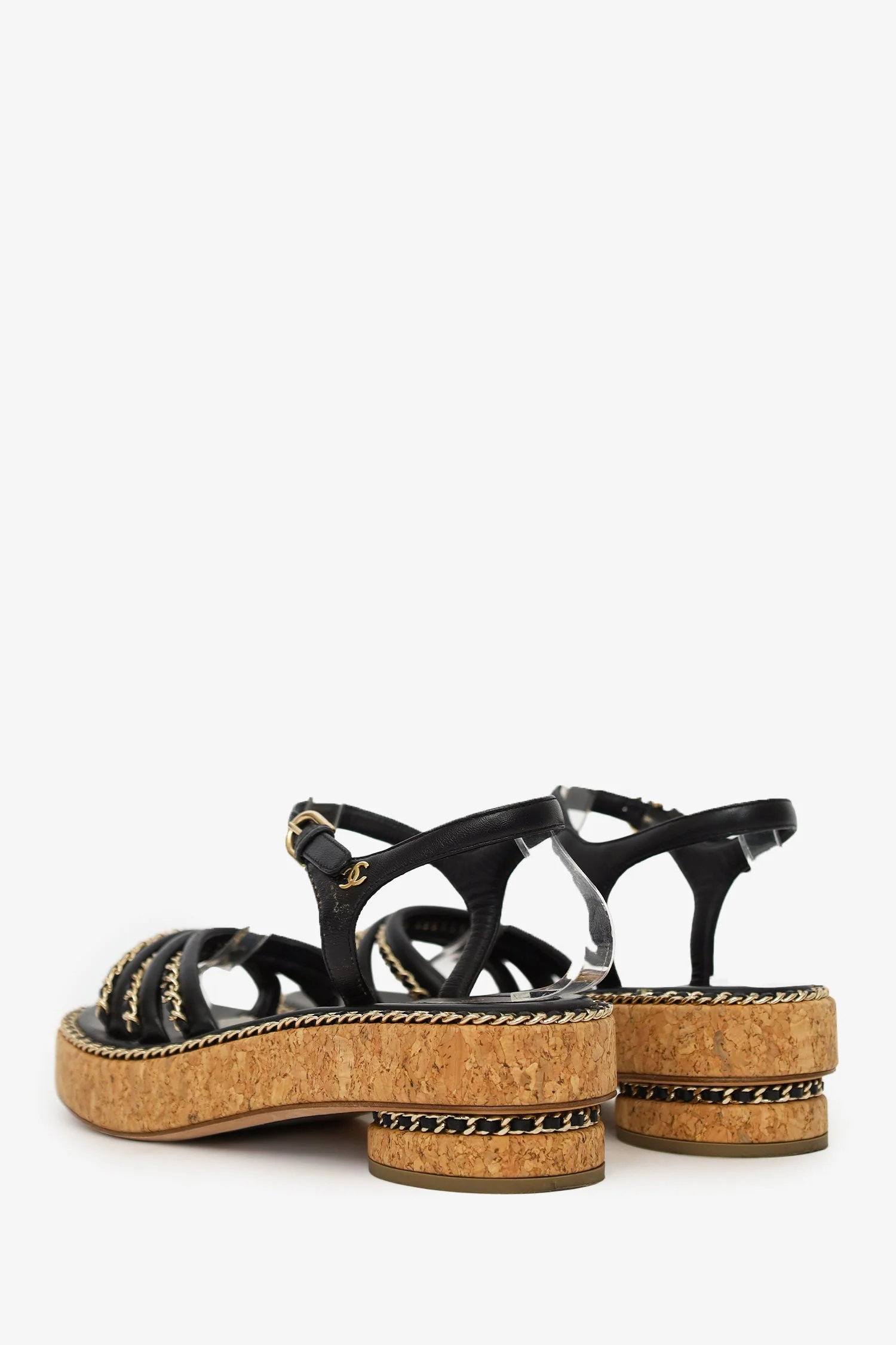 Pre-Loved Chanel™ Black Leather Chain Detail Cork Sandals Size 38 - Image 4