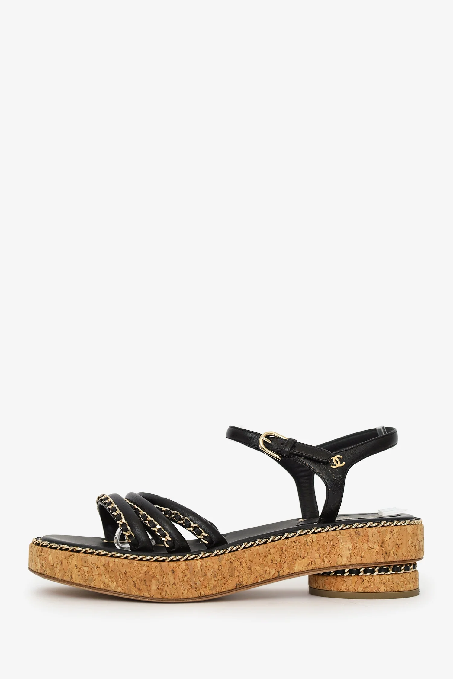 Pre-Loved Chanel™ Black Leather Chain Detail Cork Sandals Size 38 - Image 5