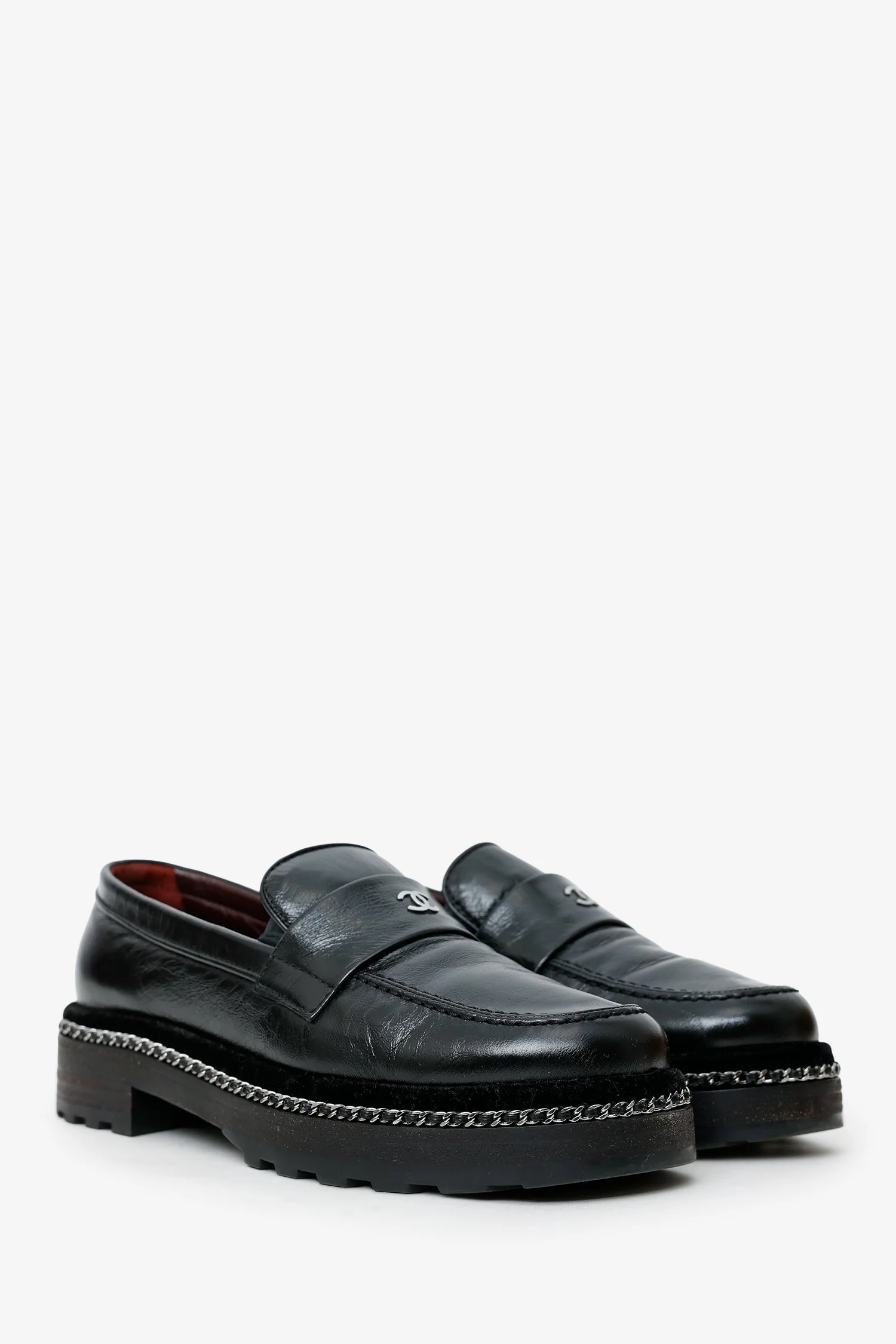 Pre-Loved Chanel™ Black Leather Chain Link Platform Loafers Size 36.5 - Image 2