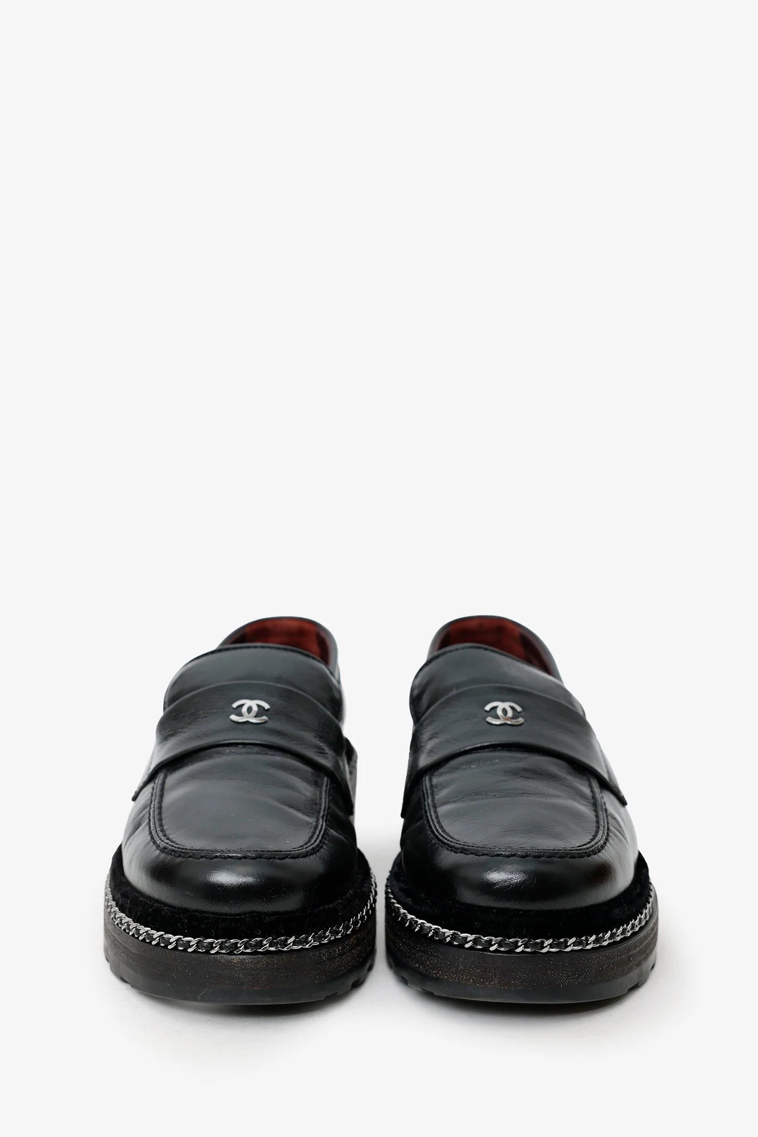 Pre-Loved Chanel™ Black Leather Chain Link Platform Loafers Size 36.5 - Image 3